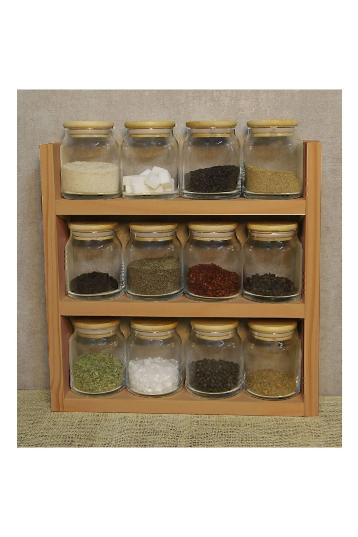Pakçam Kereste Ahşap Baharatlik Standi Tezgah Üstü Düzenleyici Ahşap Raf Baharat