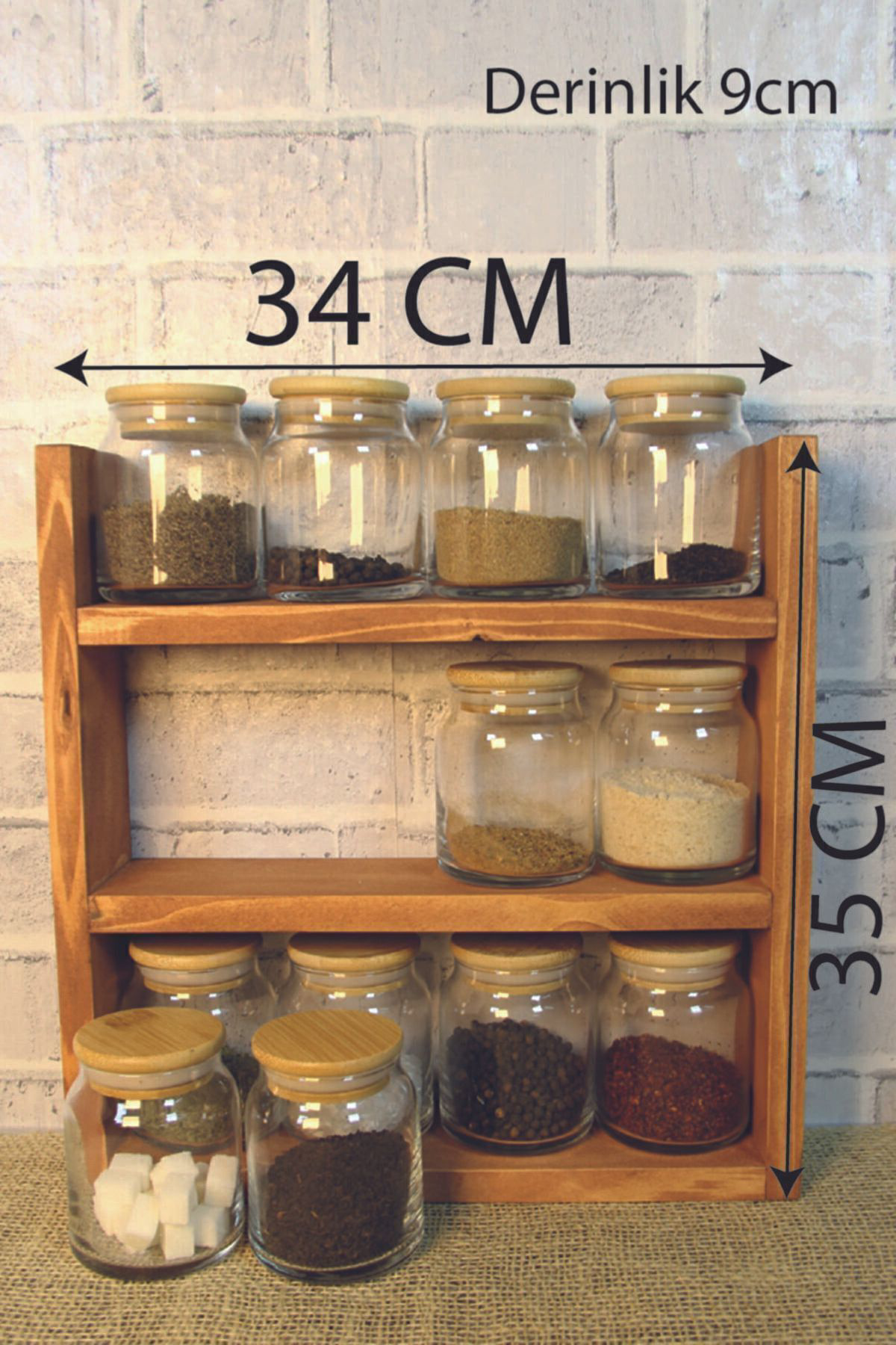 Pakçam Kereste Ahşap Baharatlik Standi Tezgah Üstü Düzenleyici Ahşap Raf Baharat