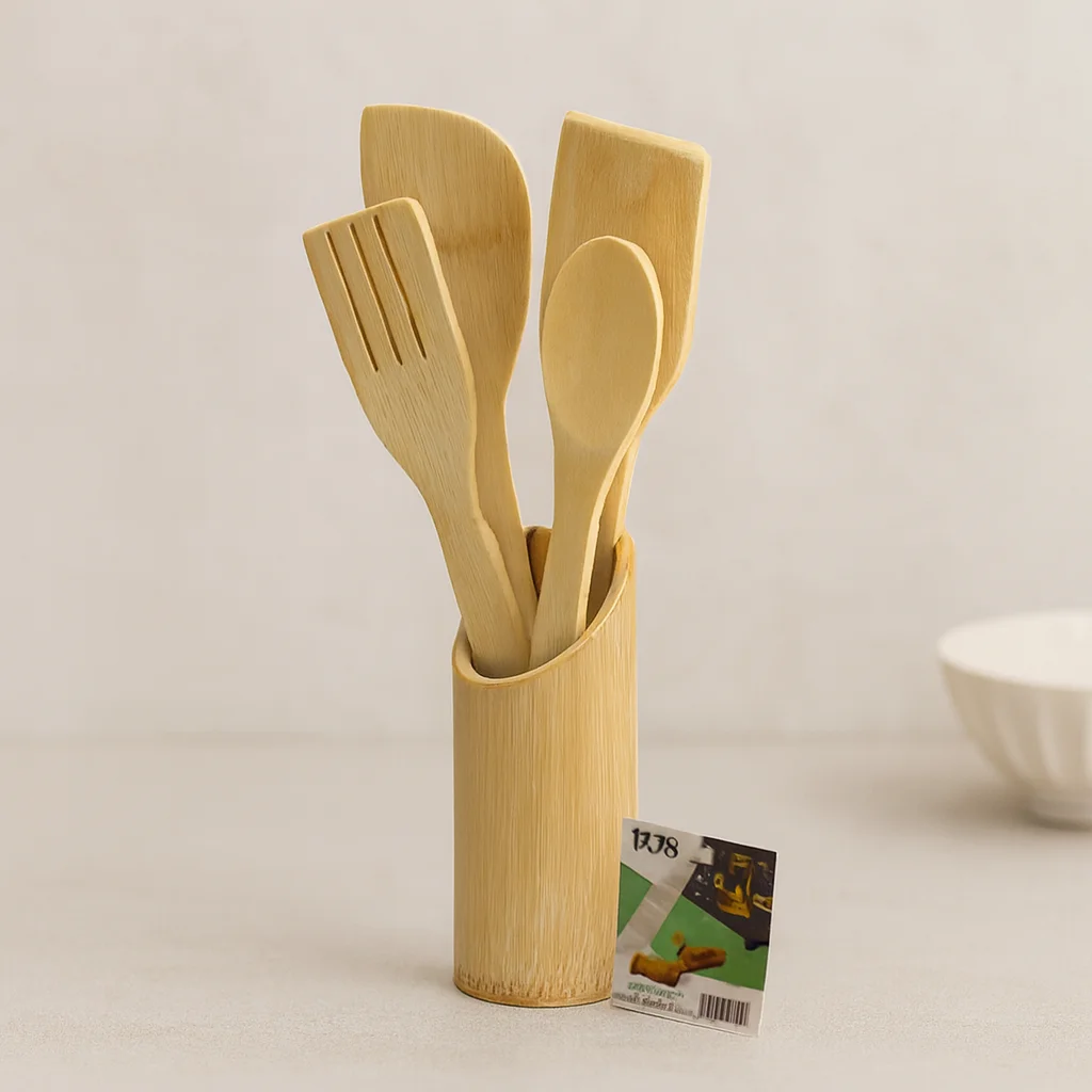 Ahşap Bambu Mutfak Servis Seti 5 Parça (Kaşık, Çatal, 2 Spatula, Stand) 27.5/30 cm Fiyatı, Yorumları ve Özellikleri