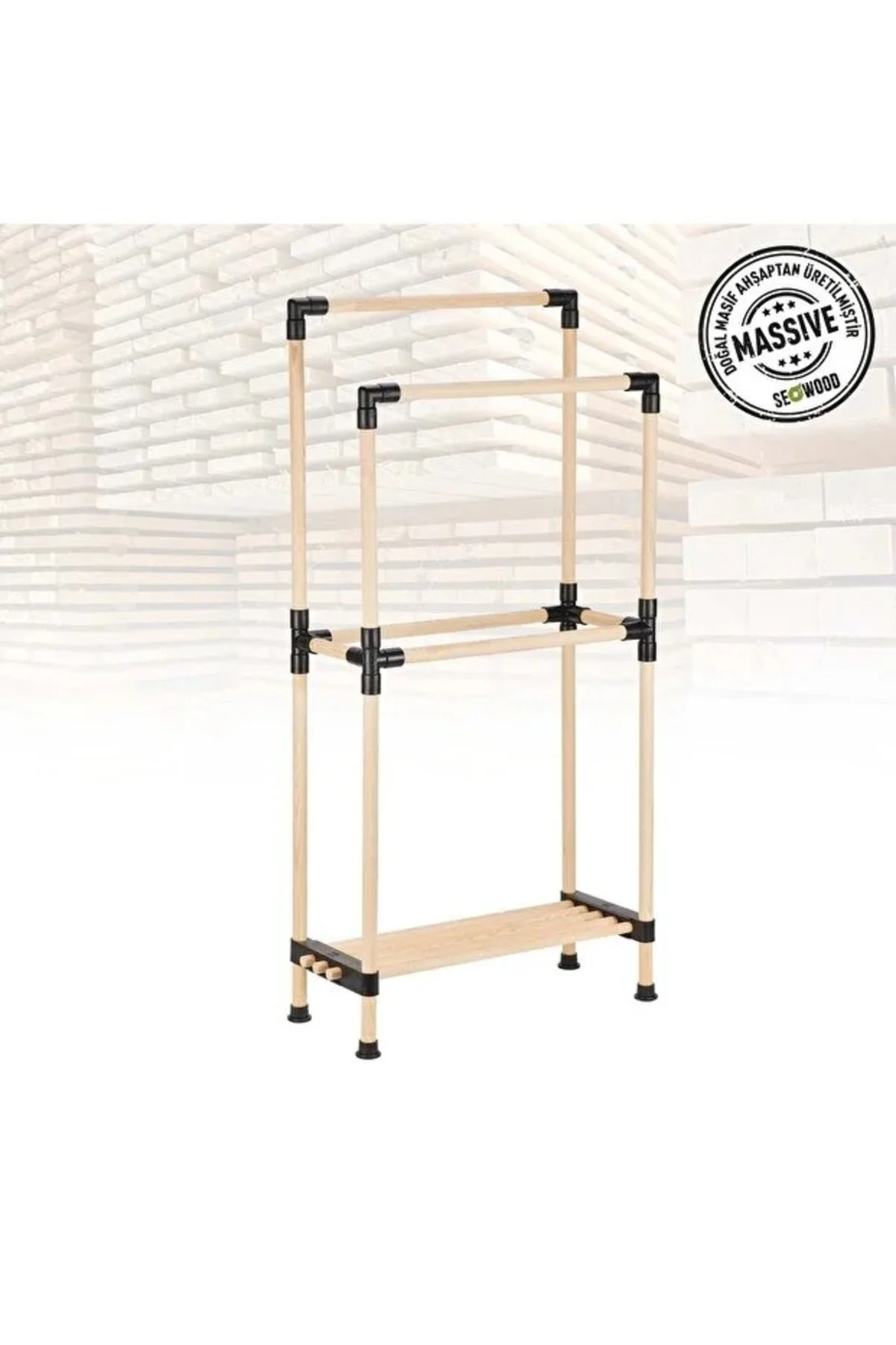 Ahşap Banyo Havluluk Raflı 2 Askılı 48 Cm Genişlik