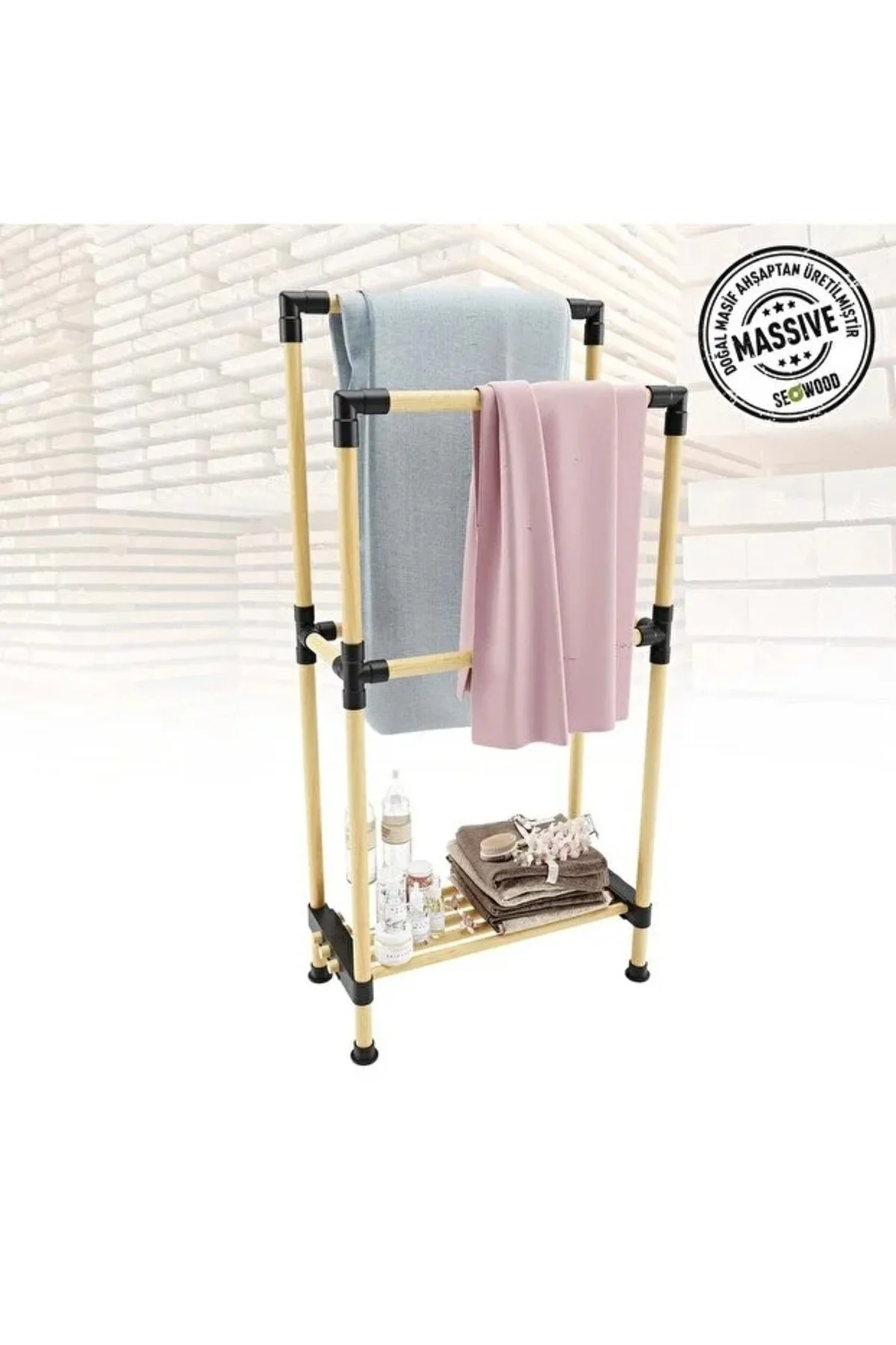 Ahşap Banyo Havluluk Raflı 2 Askılı 48 Cm Genişlik