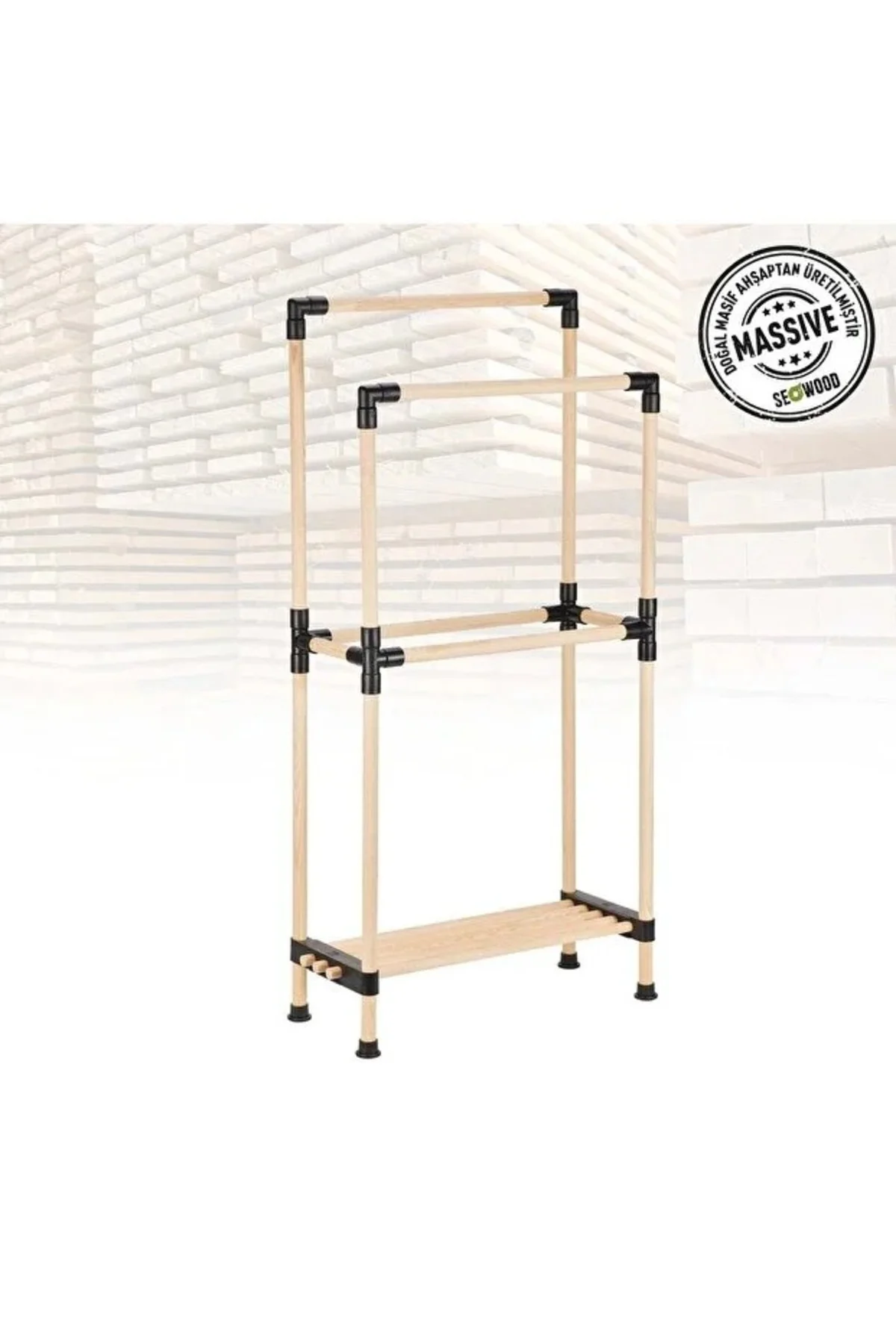 Ahşap Banyo Havluluk Raflı 2 Askılı 48 Cm Genişlik