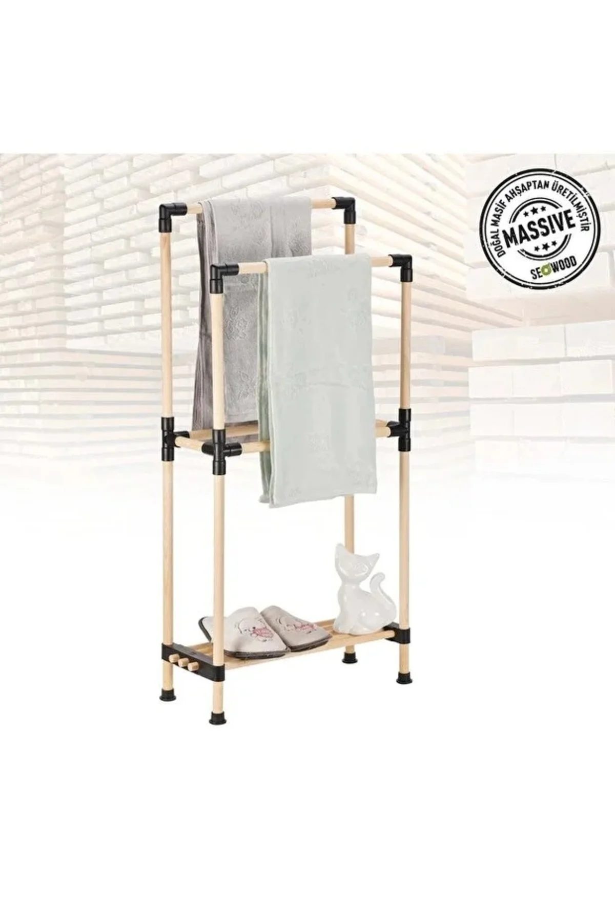 Ahşap Banyo Havluluk Raflı 2 Askılı 48 Cm Genişlik