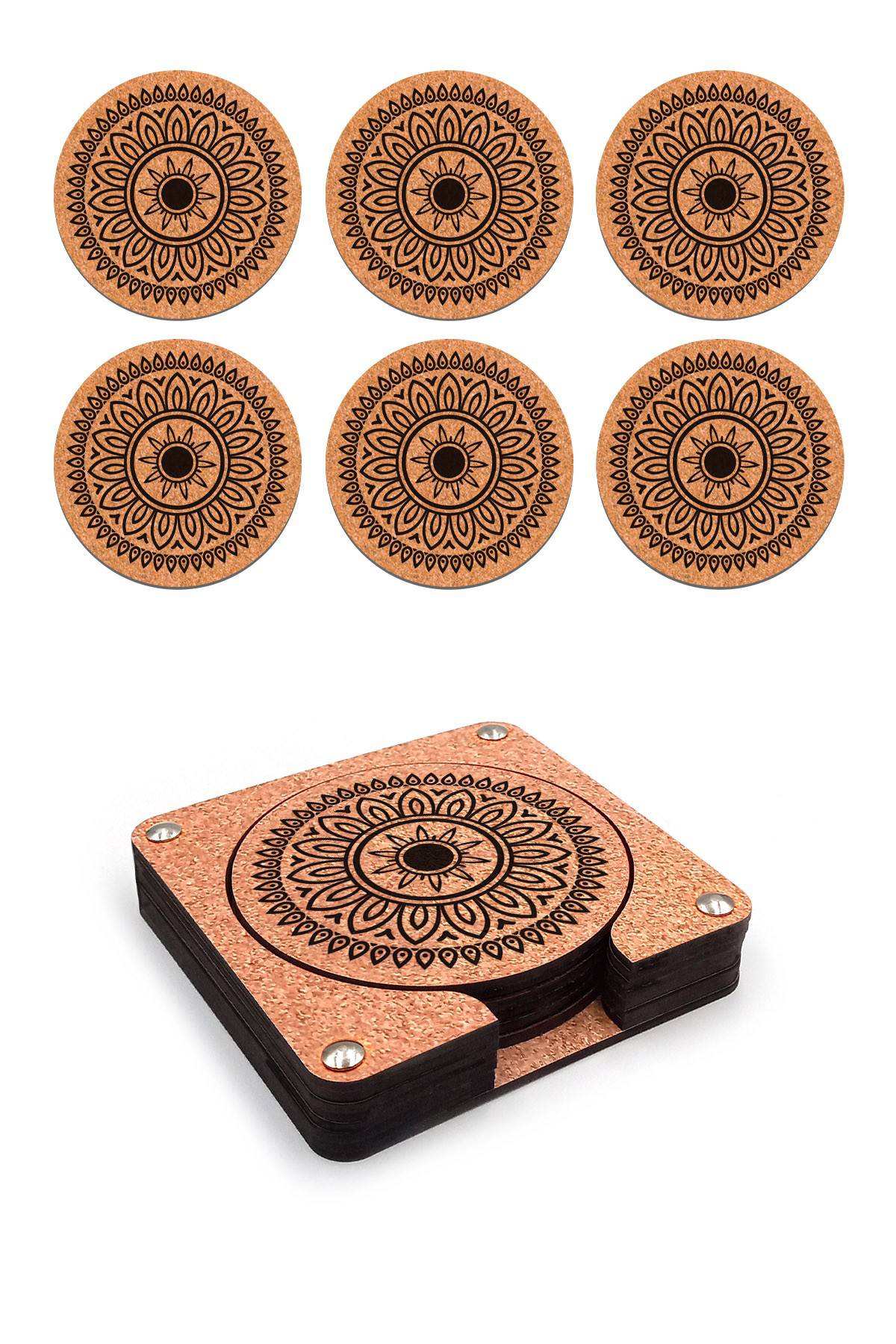 Ahşap Bardak Altlığı 6'lı Takım Baskılı -13, Ofis Aksesuarı, Masa