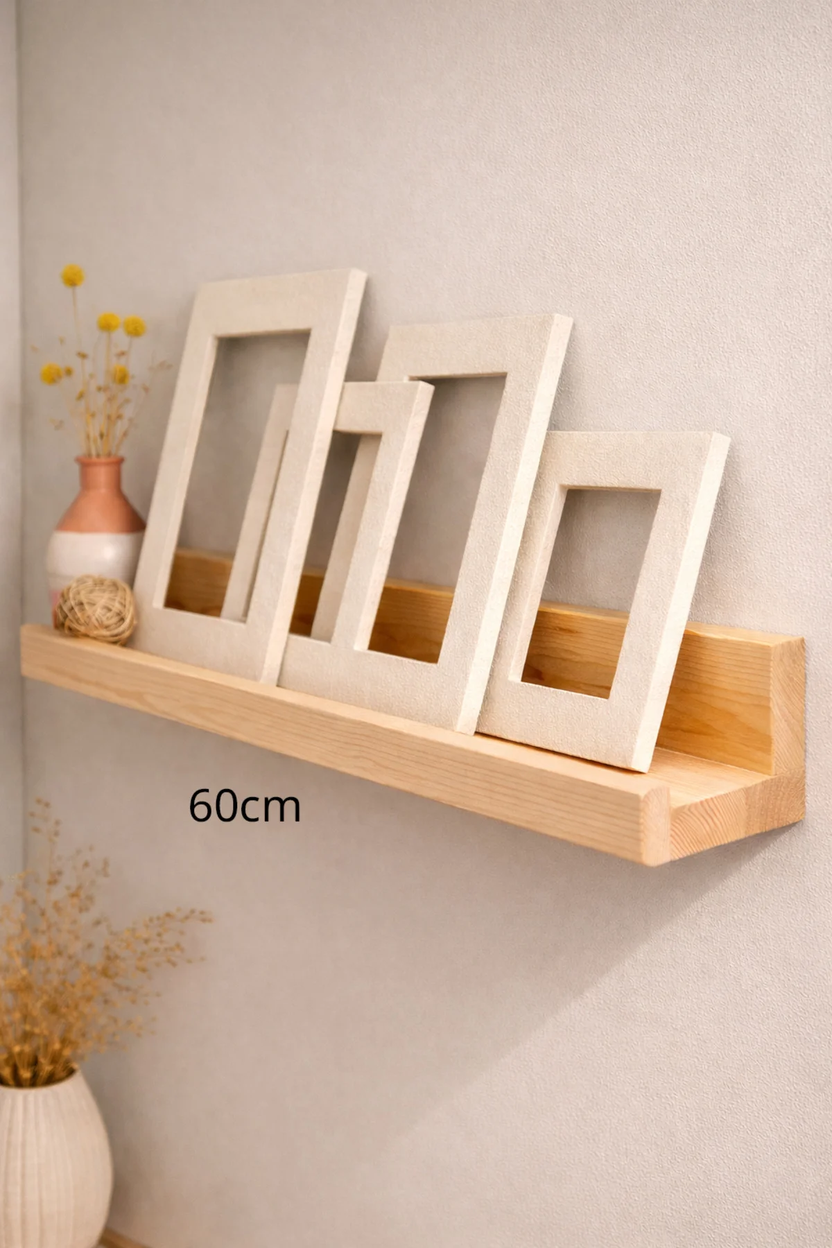 Ahşap Çerçeve Rafı Ahşap Duvar Rafı 60cm Dekoratif Raf Doğal Çam 