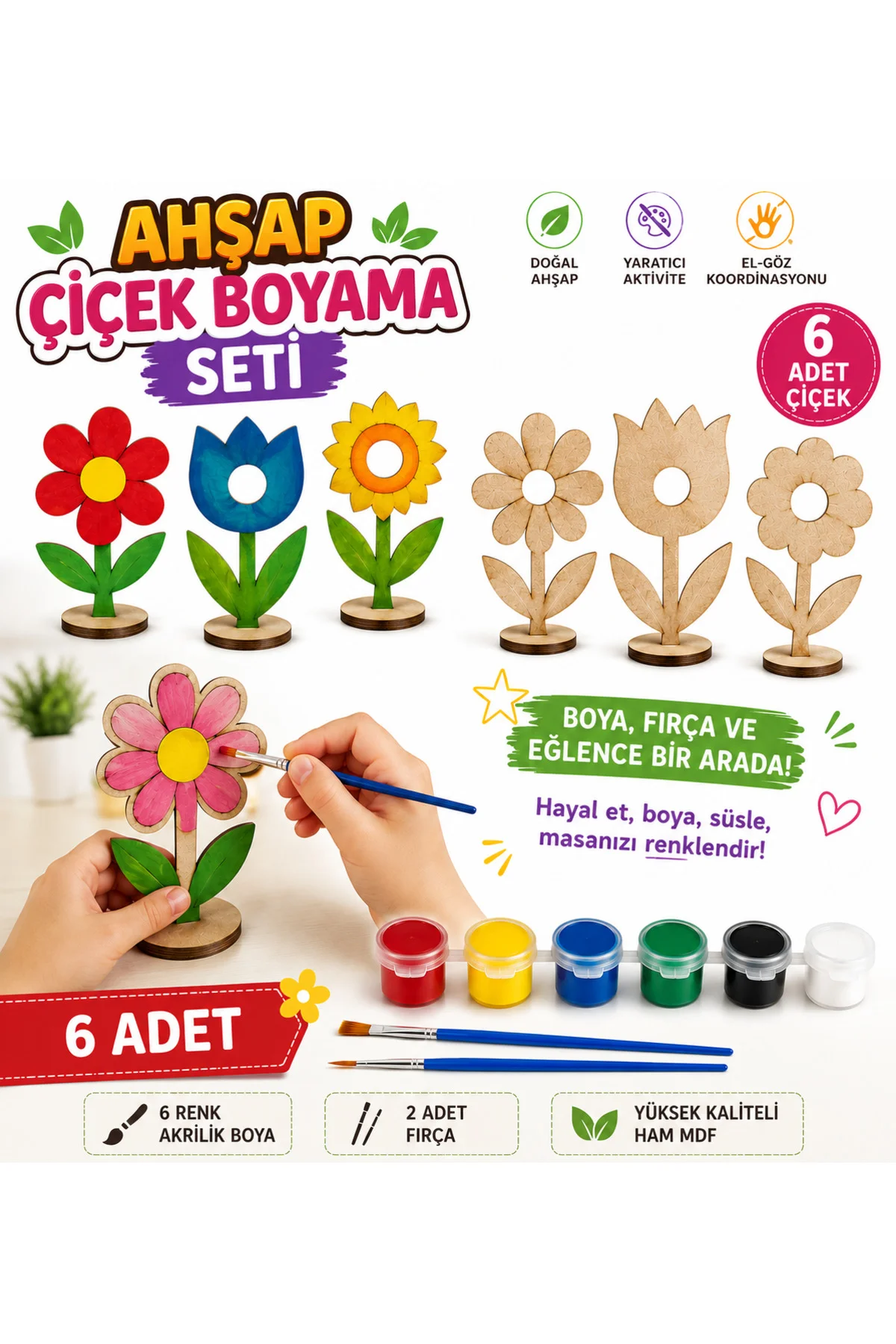Ahşap Çiçek Boyama (Boya ve Fırça Dahildir)