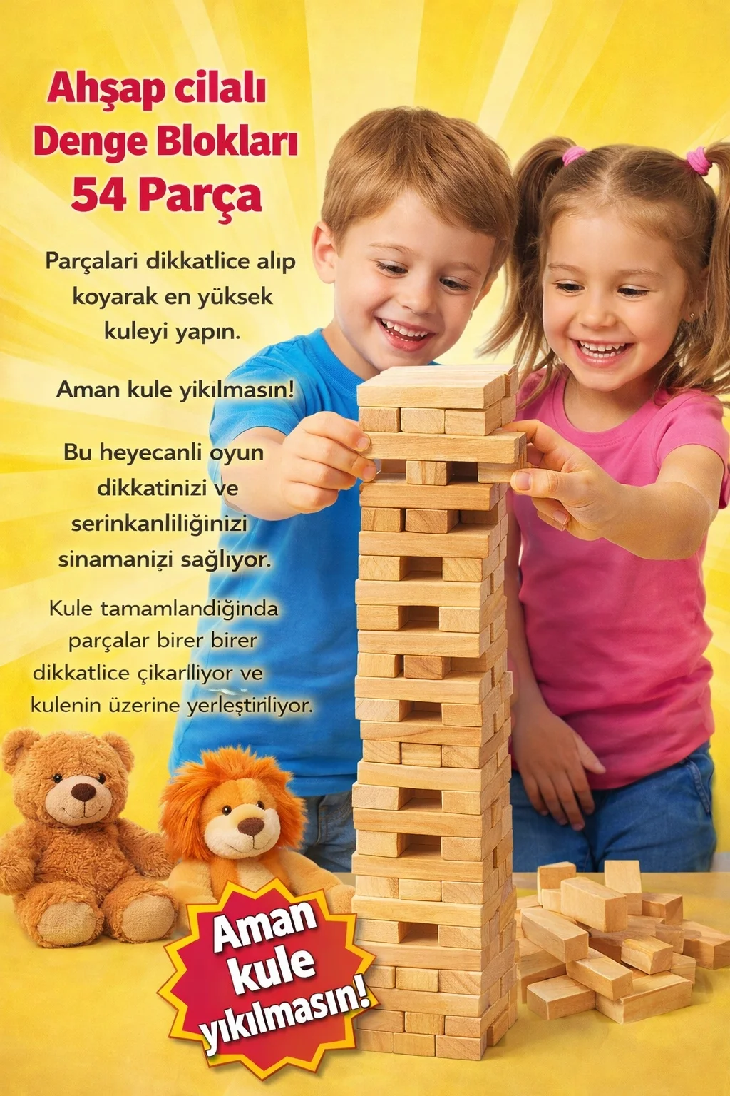 Ahşap Cilalı Denge Blokları 54 Parça – Eğitici ve Eğlenceli Çocuk Oyunu