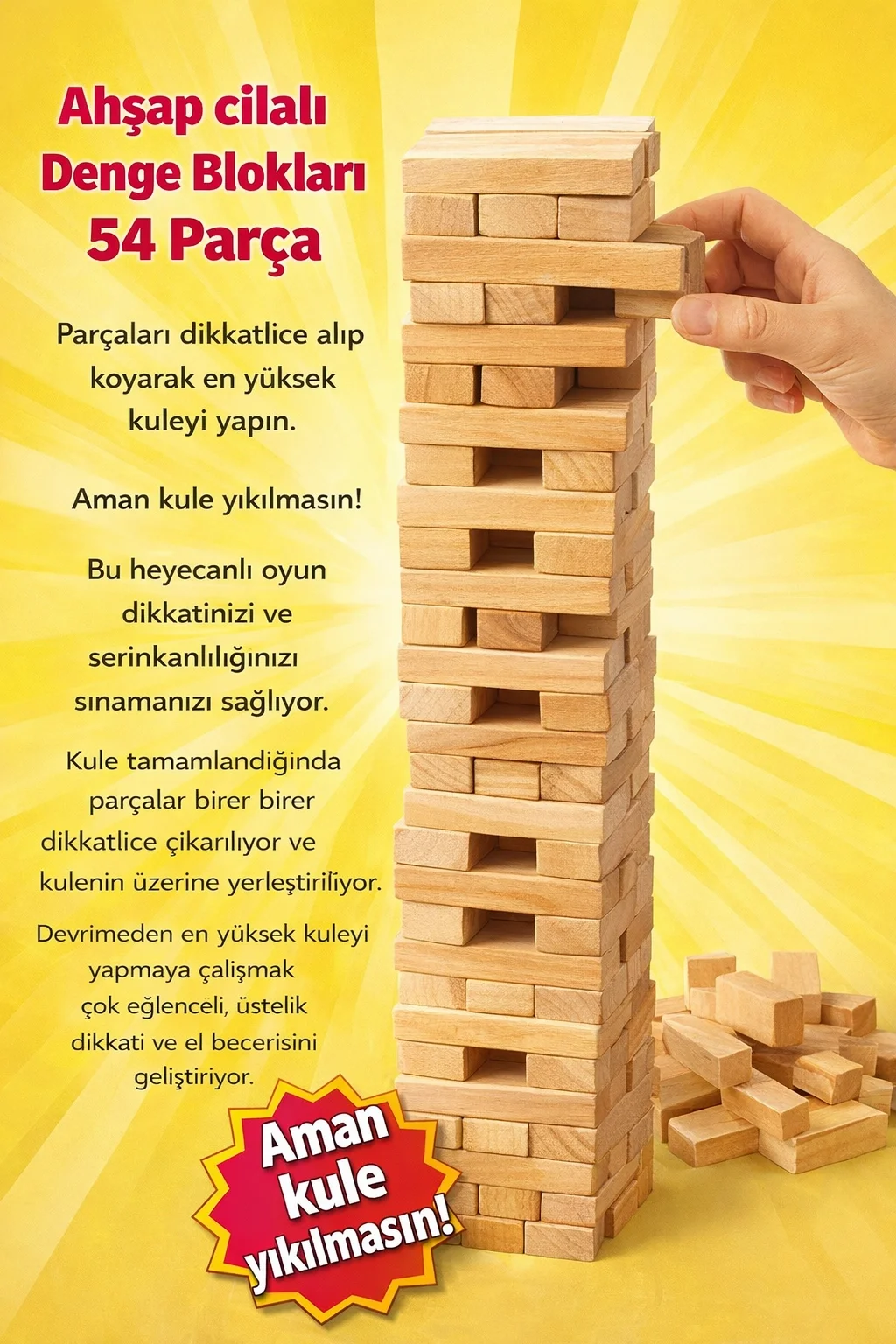 Ahşap Cilalı Denge Blokları 54 Parça – Eğitici ve Eğlenceli Çocuk Oyunu