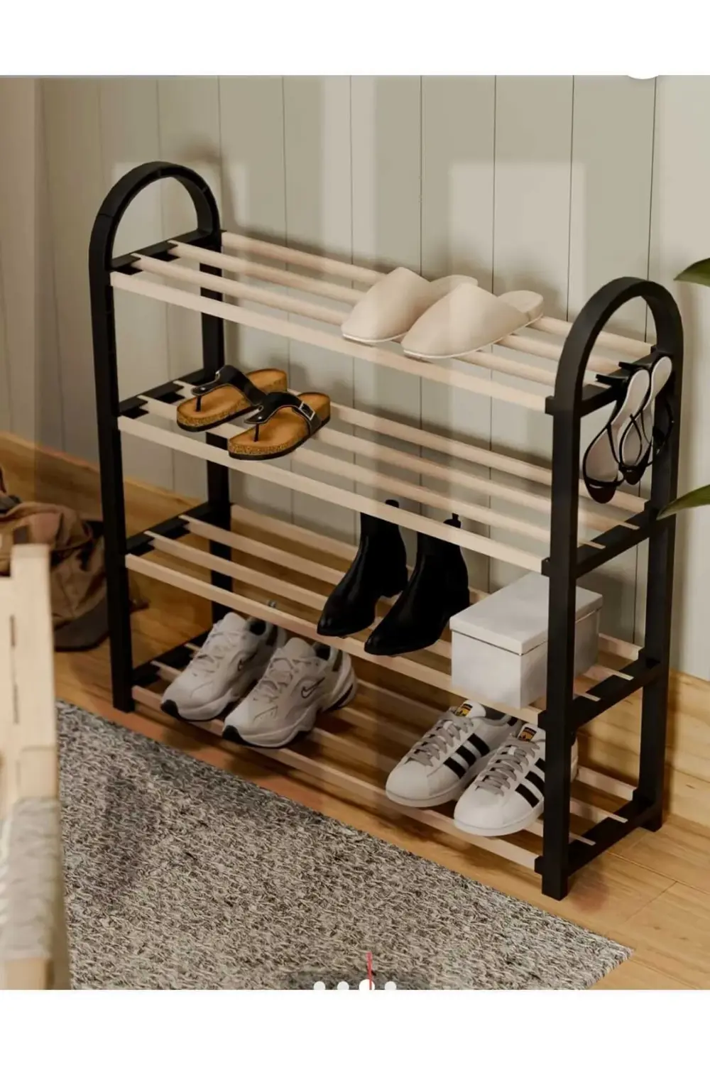 Ahşap Çubuklu 4 Bölmeli Ayakkabılık -Raf Ünitesi