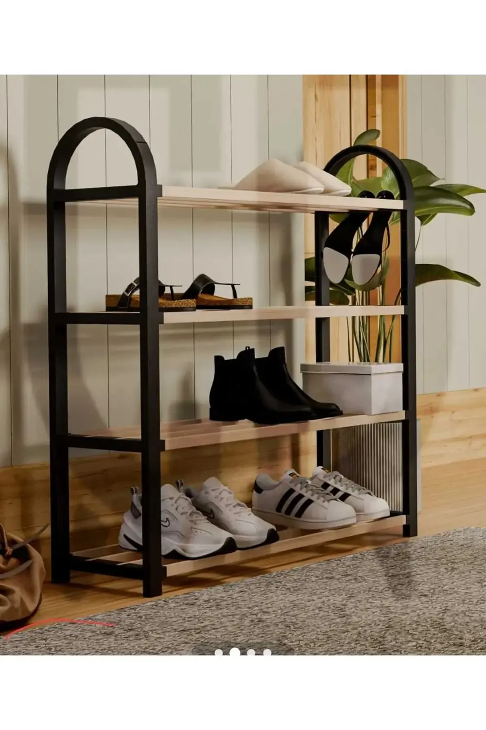 Ahşap Çubuklu 4 Bölmeli Ayakkabılık -Raf Ünitesi