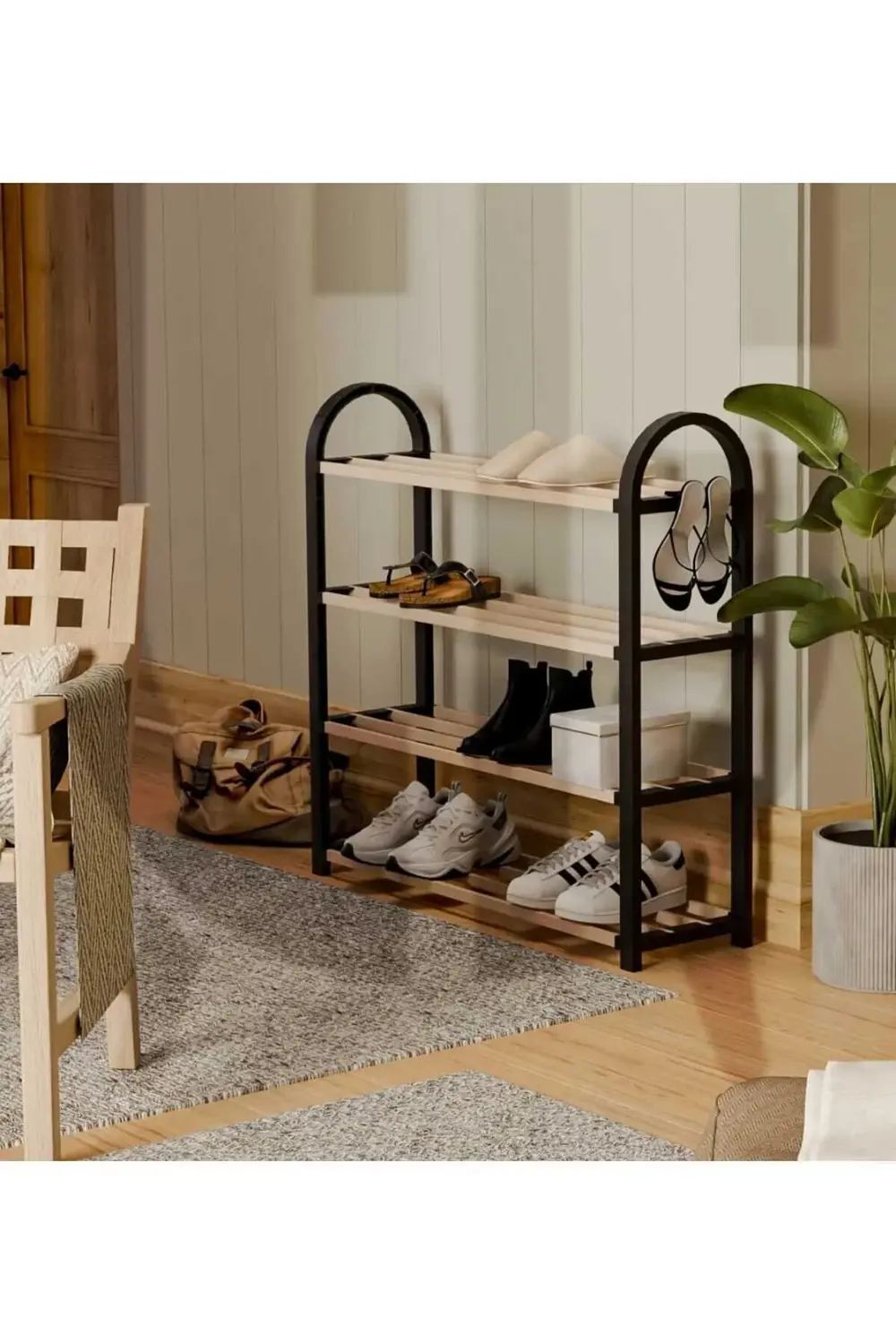 Ahşap Çubuklu 4 Bölmeli Ayakkabılık -Raf Ünitesi