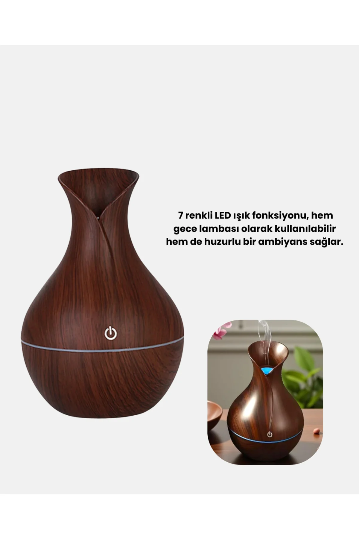 Ahşap Desenli Aromaterapi Difüzör 130 ml Ultrasonik ve 7 Renk LED