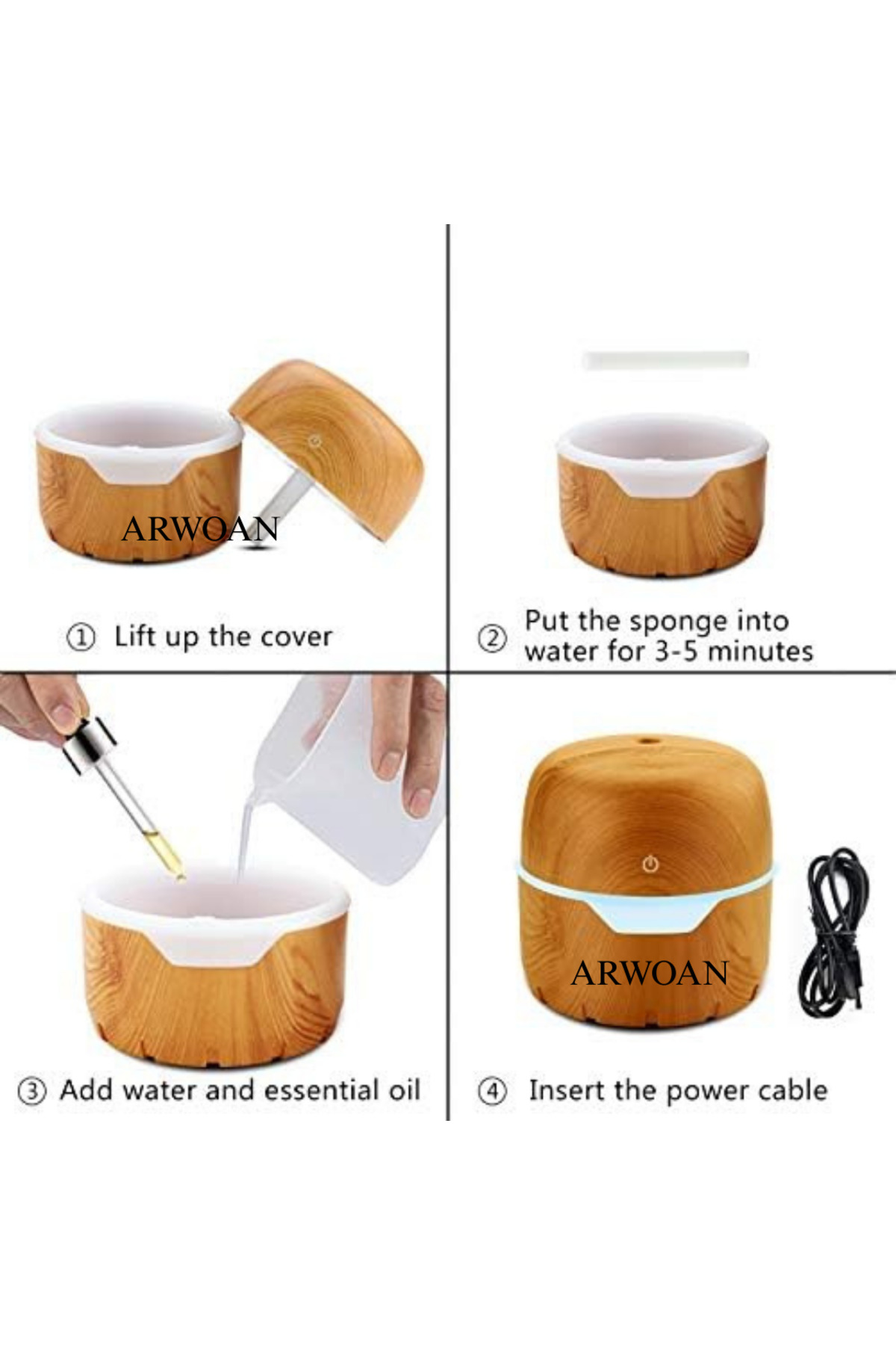Arwoan Ahşap Desenli Aromaterapi Difüzör Ve Hava Nemlendirici | Led İşık