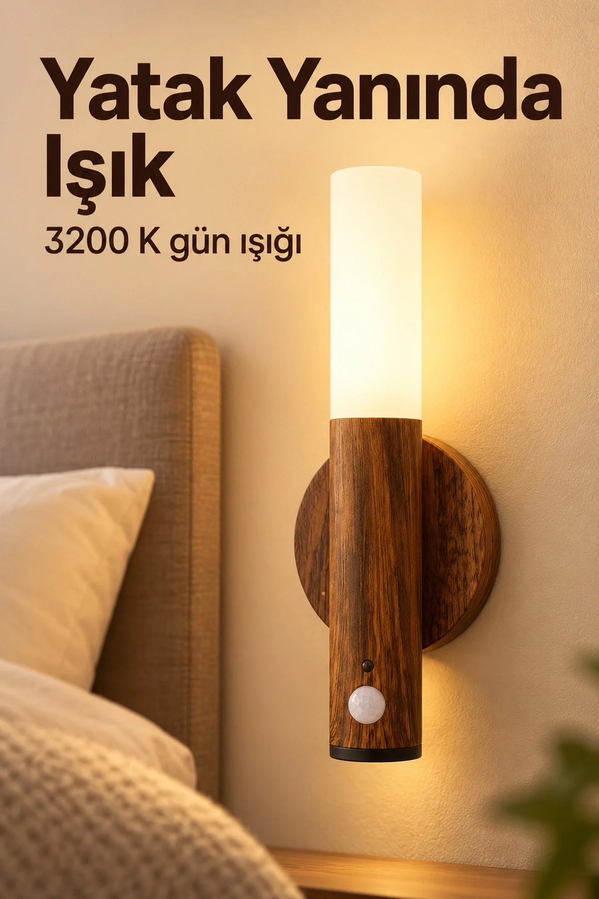 Ahşap Desenli Şarjlı Sensörlü LED Duvar Apliği - Görsel 2