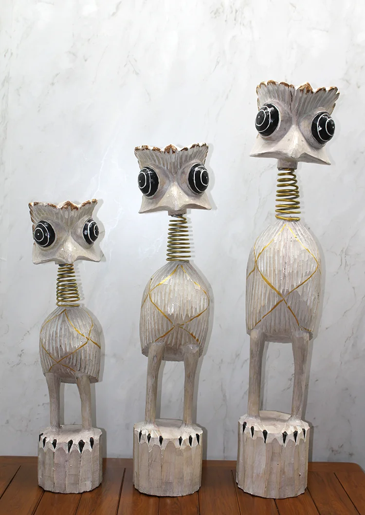 Ahşap Deve Kuşu Figürlü 3'lü Dekoratif Set 90 cm