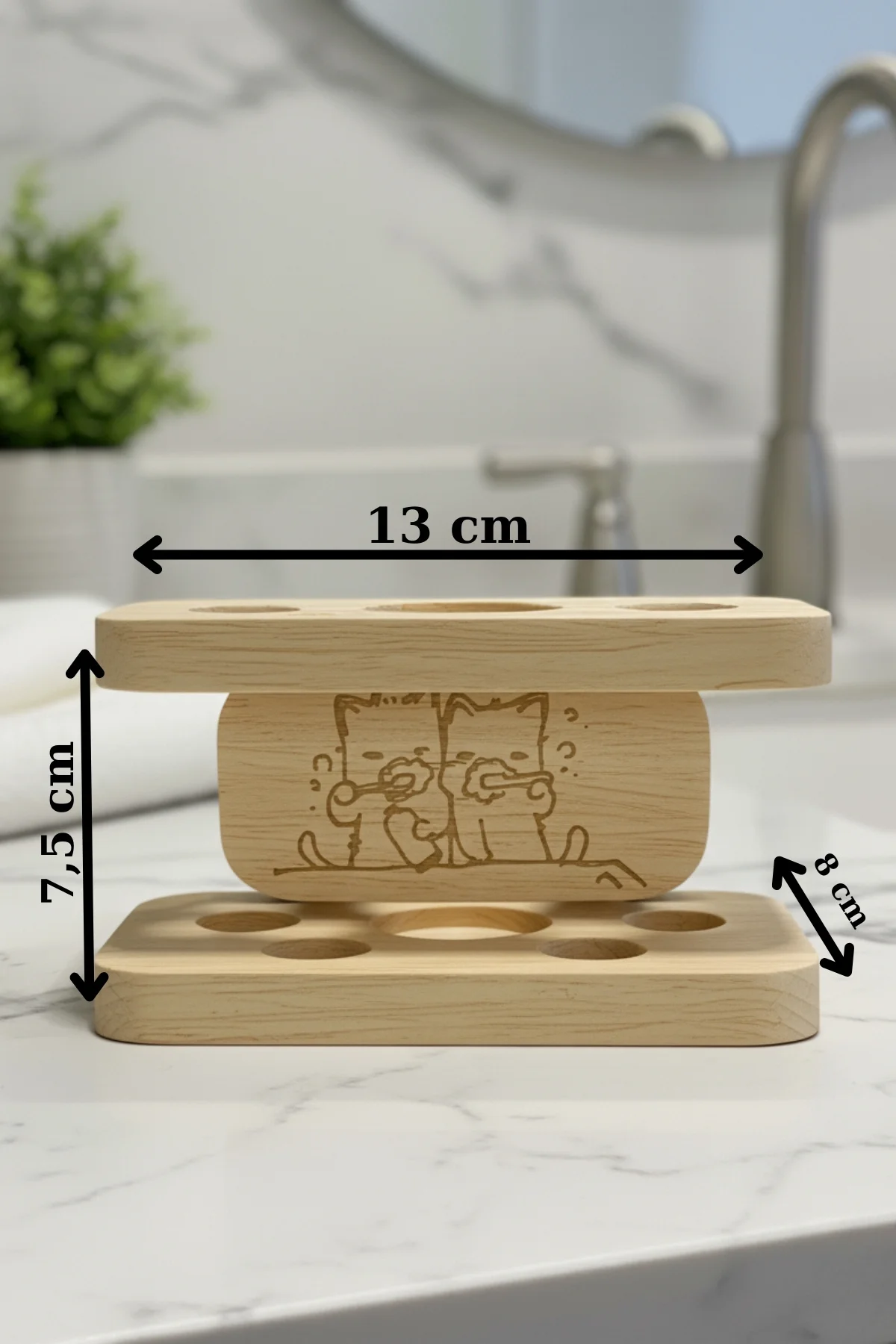 Ahşap Diş Fırçası Standı, El İşçiliği Kedi Detaylı Diş Fırçalık