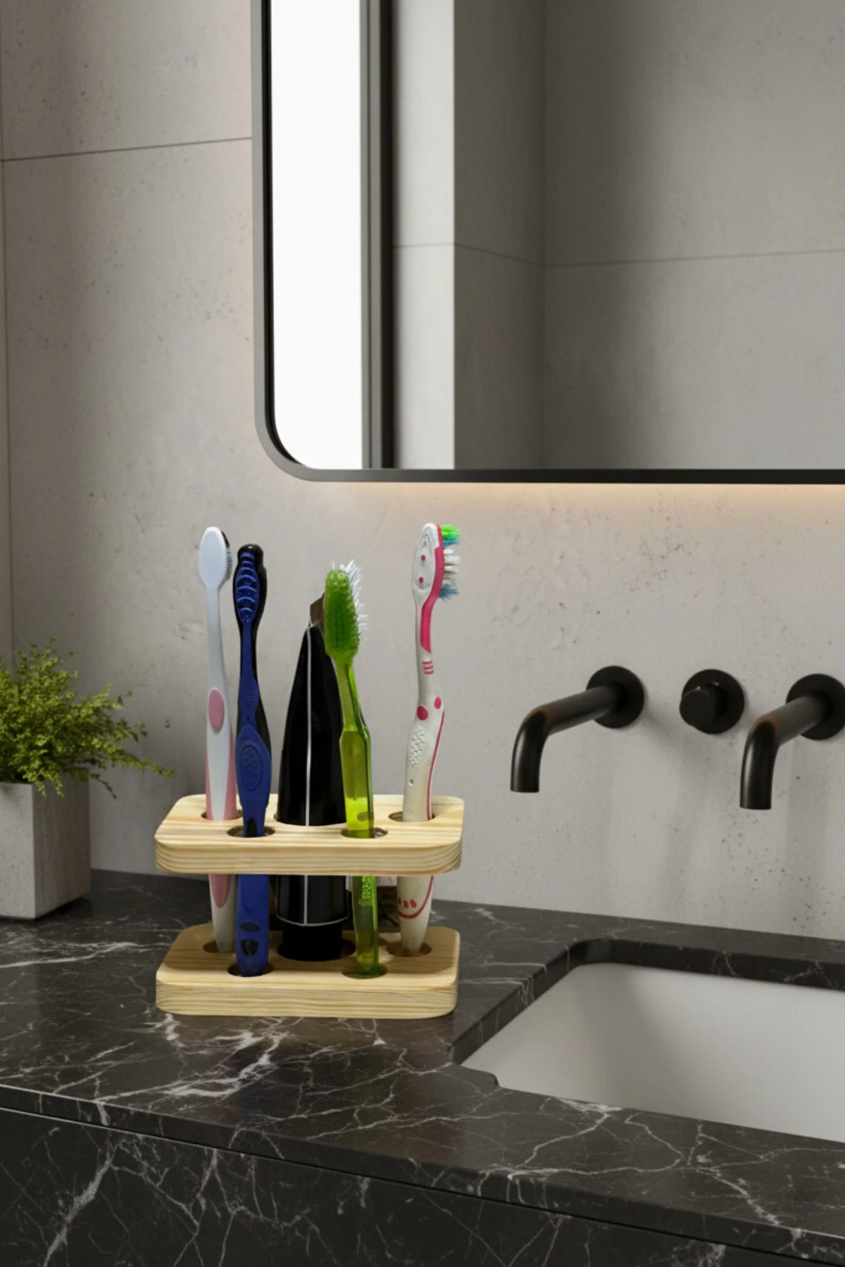 Ahşap Diş Fırçası Standı, El İşçiliği Kedi Detaylı Diş Fırçalık