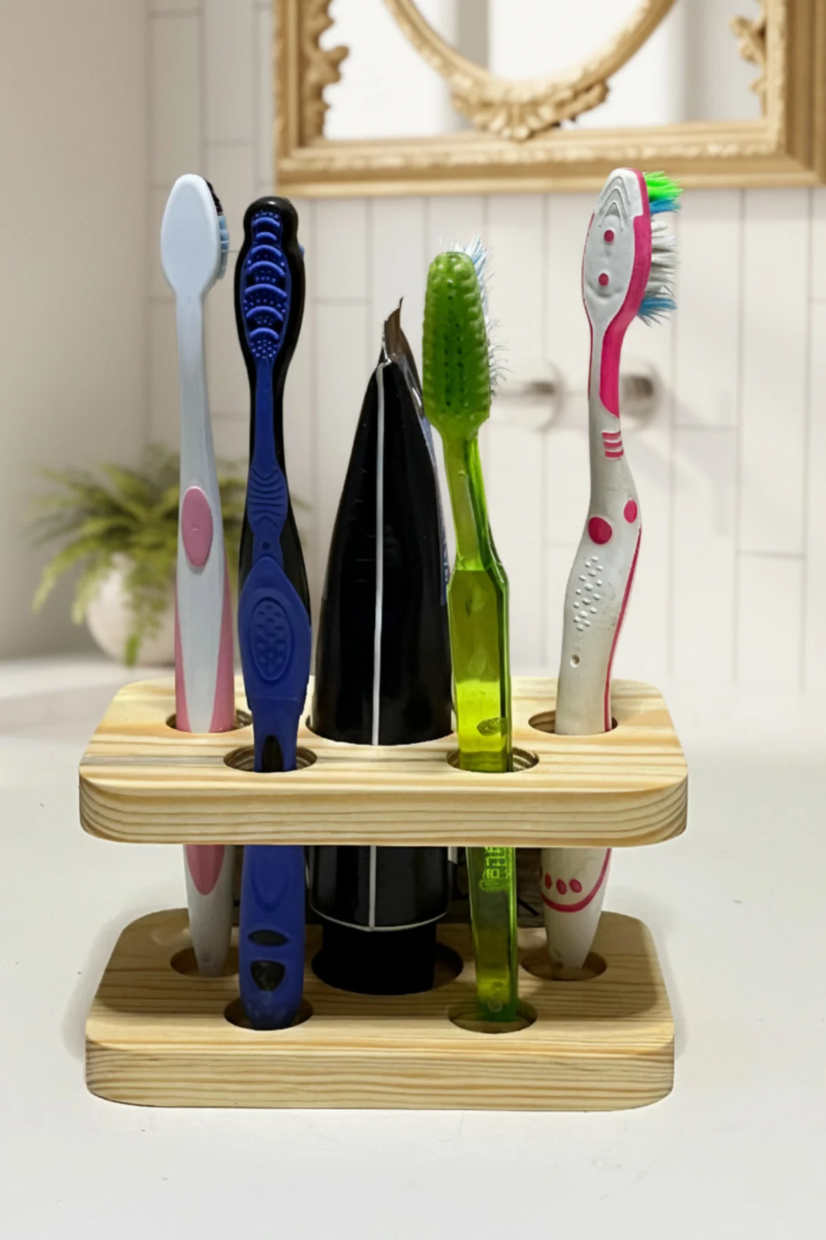 Ahşap Diş Fırçası Standı, El İşçiliği Kedi Detaylı Diş Fırçalık