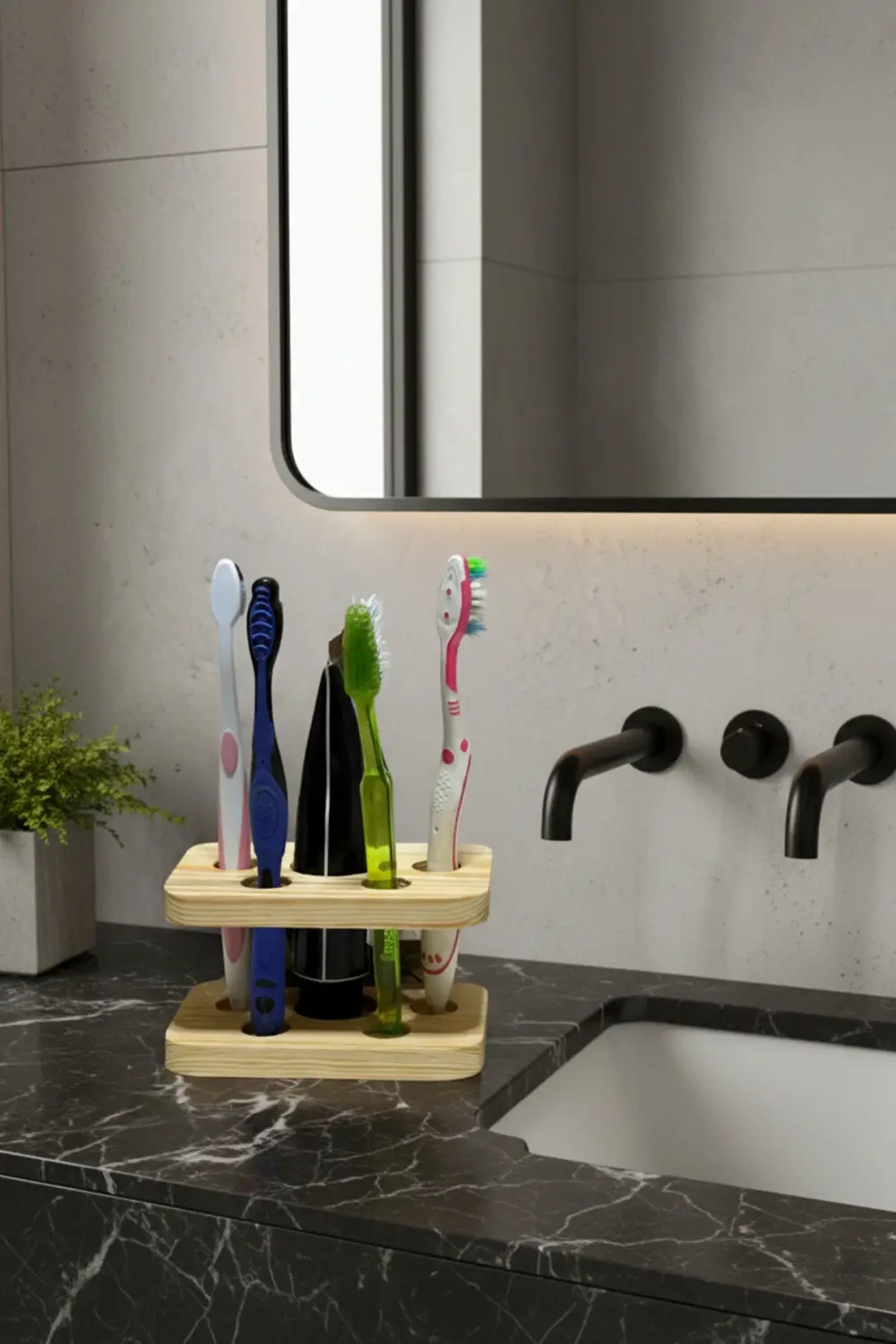 Ahşap Diş Fırçası Standı, El İşçiliği Kedi Detaylı Diş Fırçalık