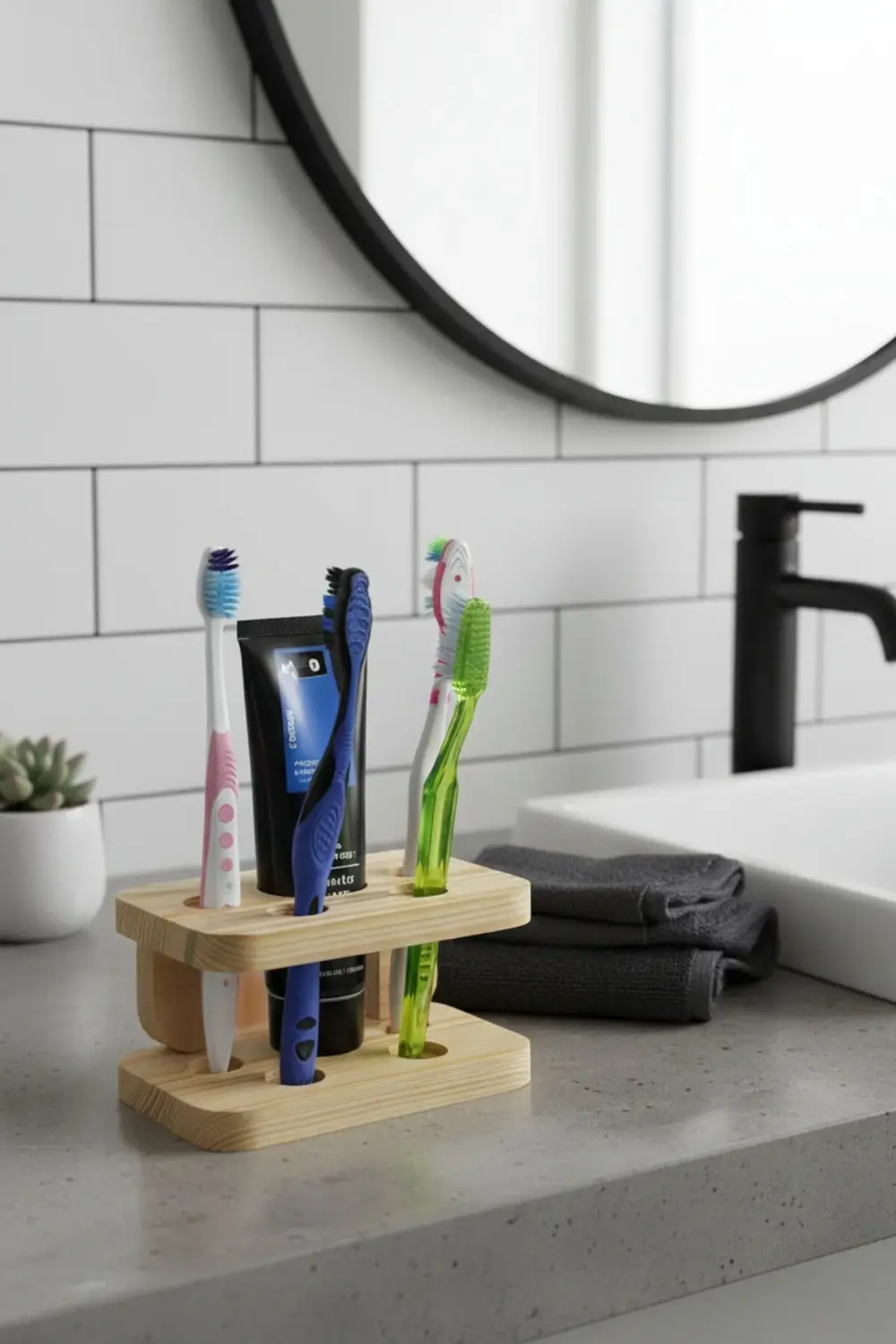 Ahşap Diş Fırçası Standı, El İşçiliği Kedi Detaylı Diş Fırçalık