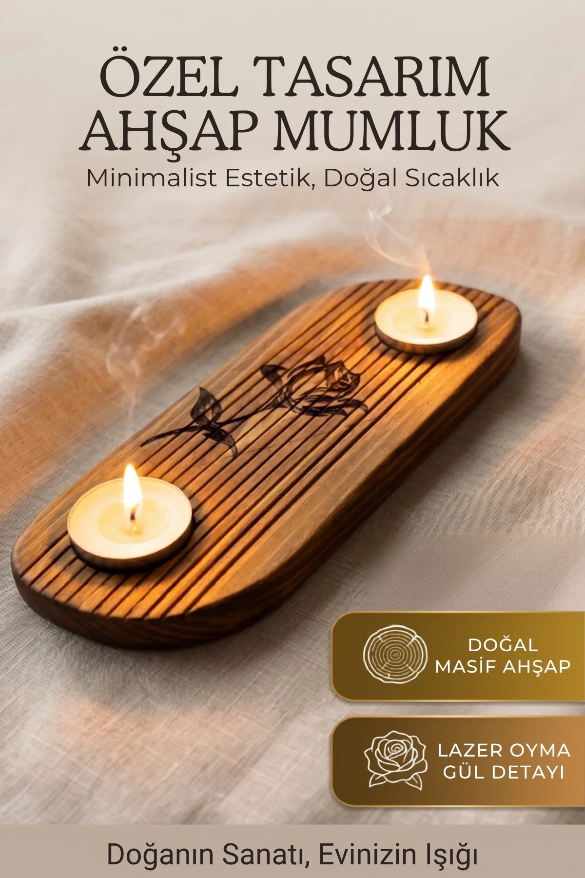 Ahşap El Yapımı İki Bölmeli S Kıvrımlı Tasarım Mumluk, Doğal Ahşap Lazer Gül Detaylı Tealight Mumluğu Fiyatı, Yorumları ve Özellikleri