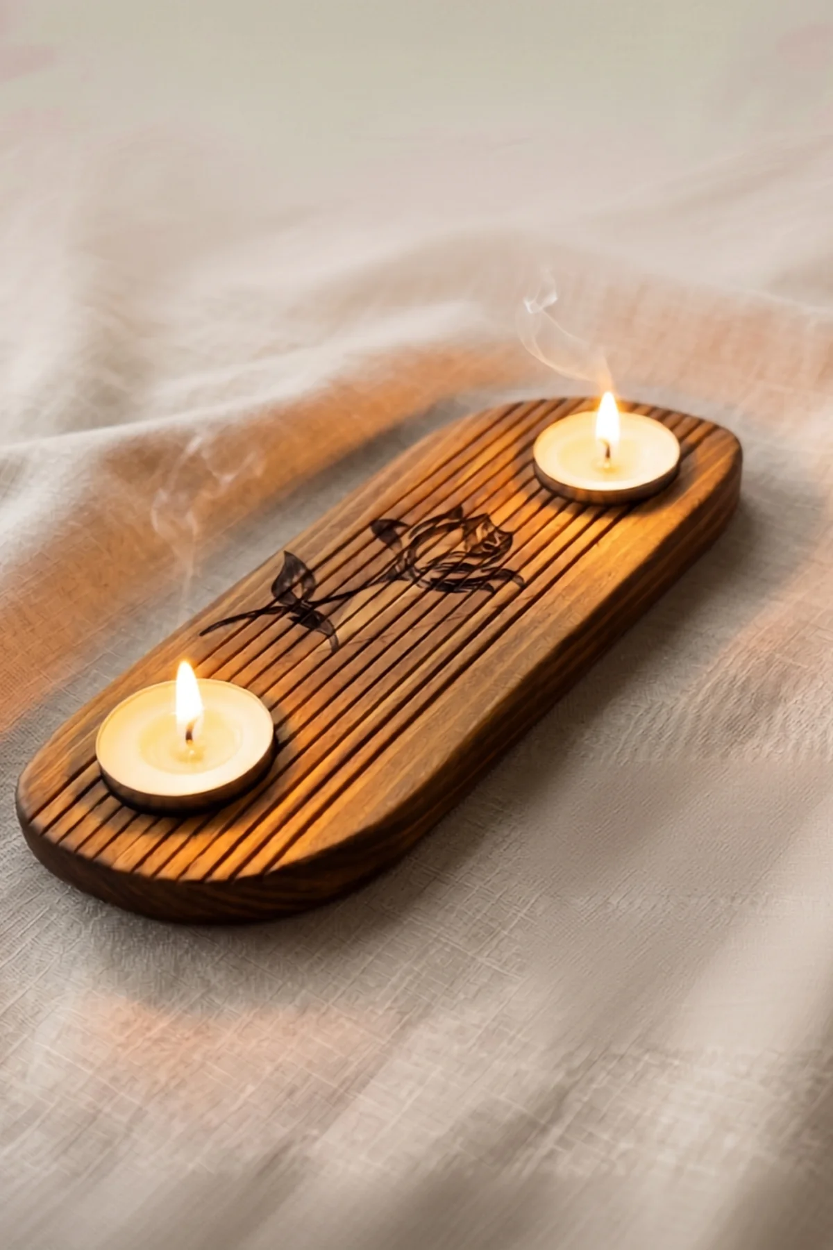 Ahşap El Yapımı İki Bölmeli S Kıvrımlı Tasarım Mumluk, Doğal Ahşap Lazer Gül Detaylı Tealight Mumluğu Fiyatı, Yorumları ve Özellikleri