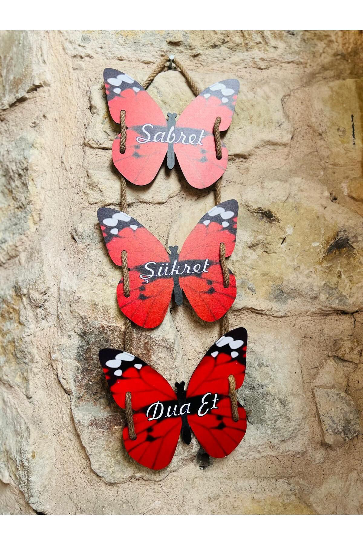 Ahşap El Yapımı Sabret Şükret Dua Et Kelebek Model Duvar Süsü Han