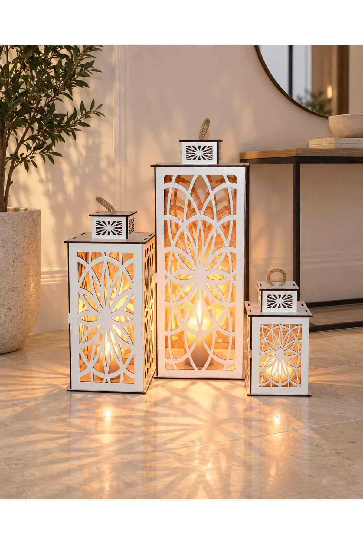 Ahşap Fener Mumluk 3lü Set (renk Beyaz)
