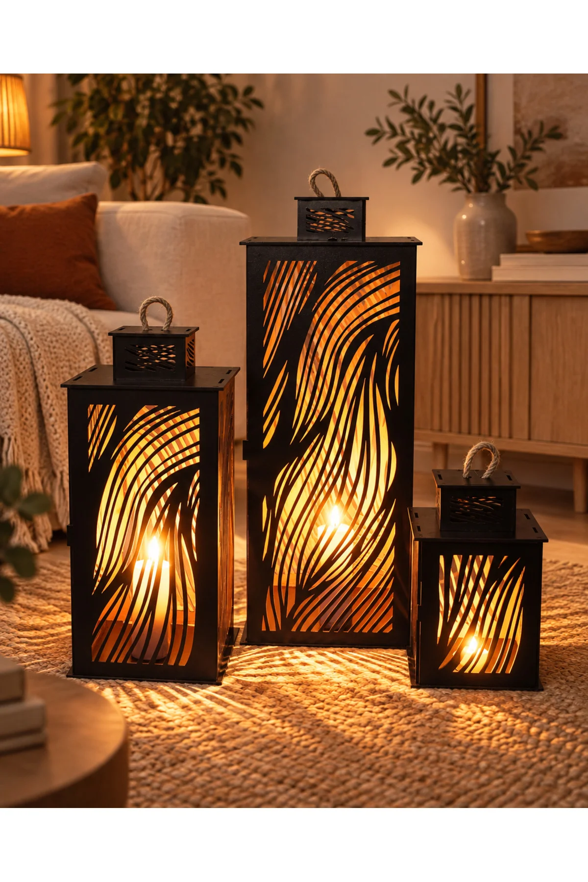 Ahşap Fener Mumluk 3lü Set (renk Siyah)