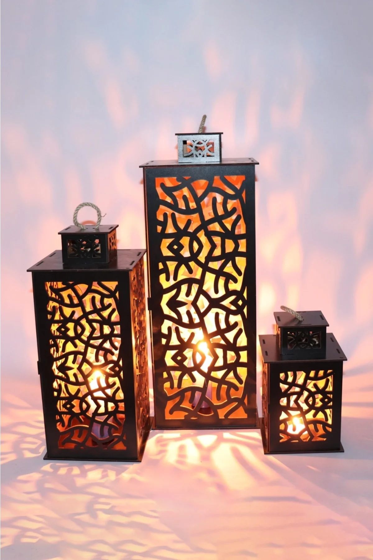 Ahşap Fener Mumluk 3lü Set (labirent Model)