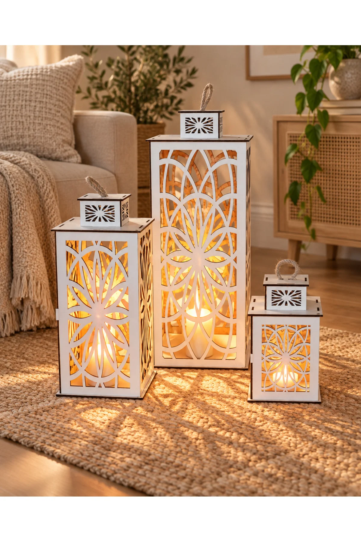 Ahşap Fener Mumluk 3lü Set (renk Beyaz)