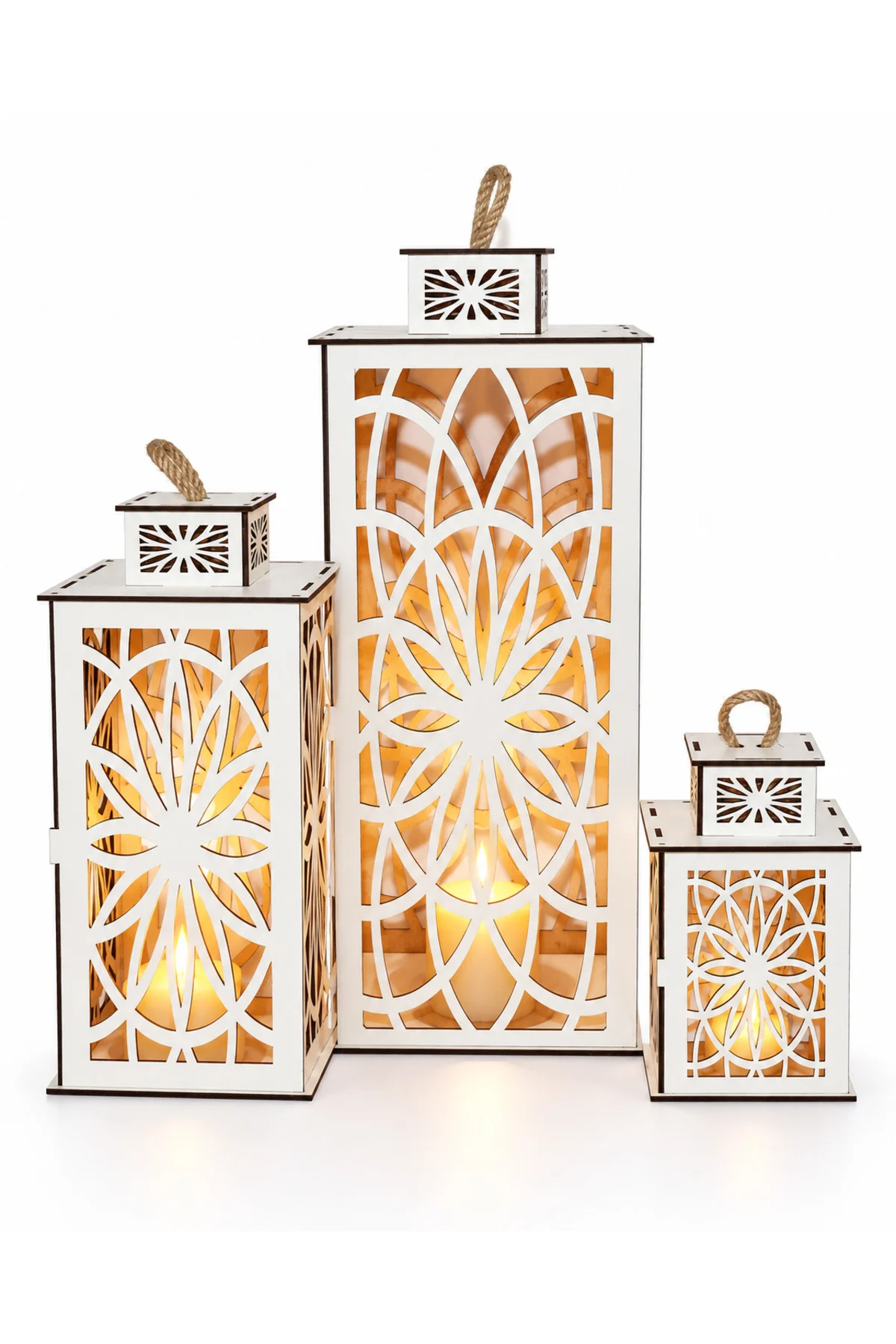 Ahşap Fener Mumluk 3lü Set (renk Beyaz)