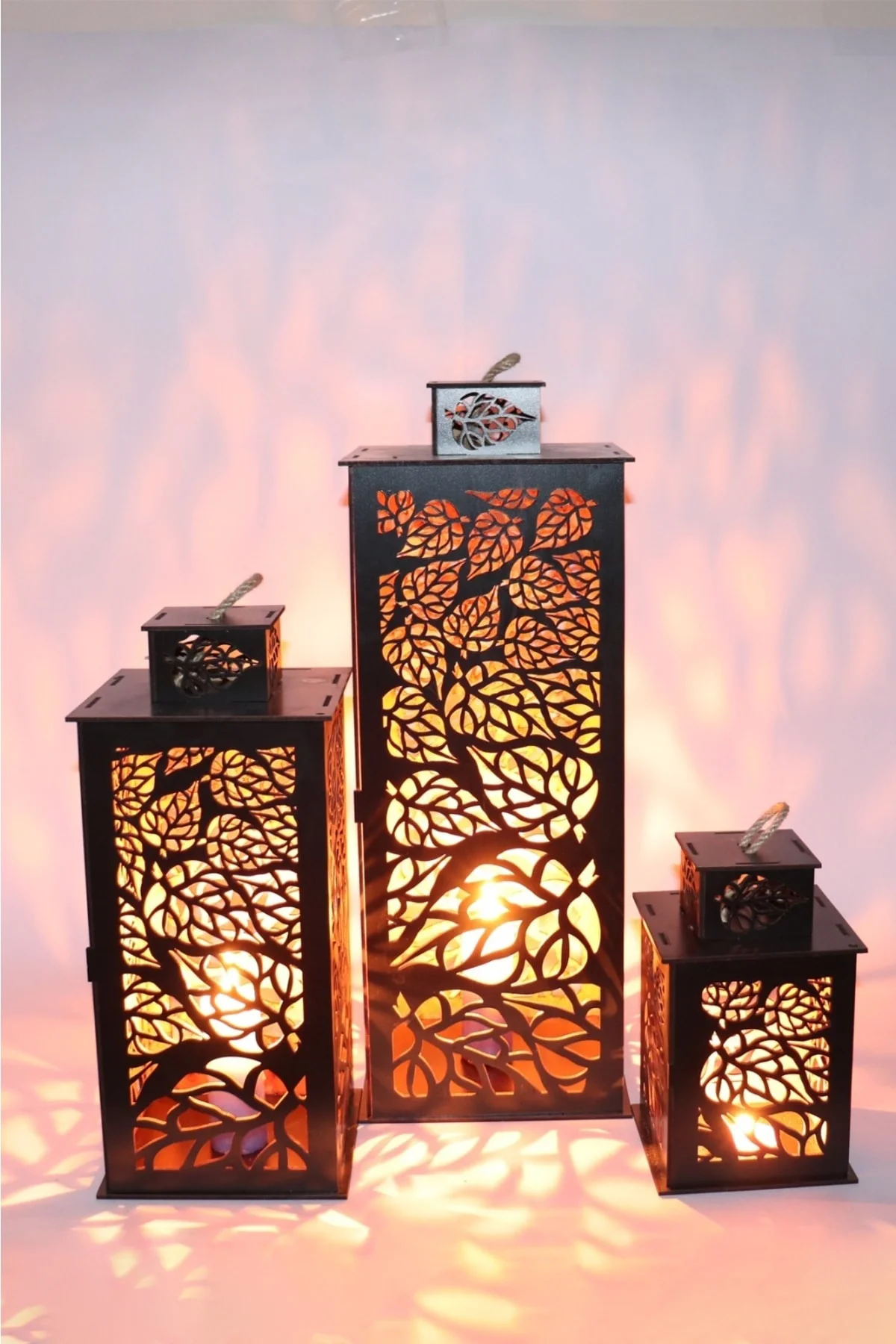 Ahşap Fener Mumluk 3lü Set Yaprak Model