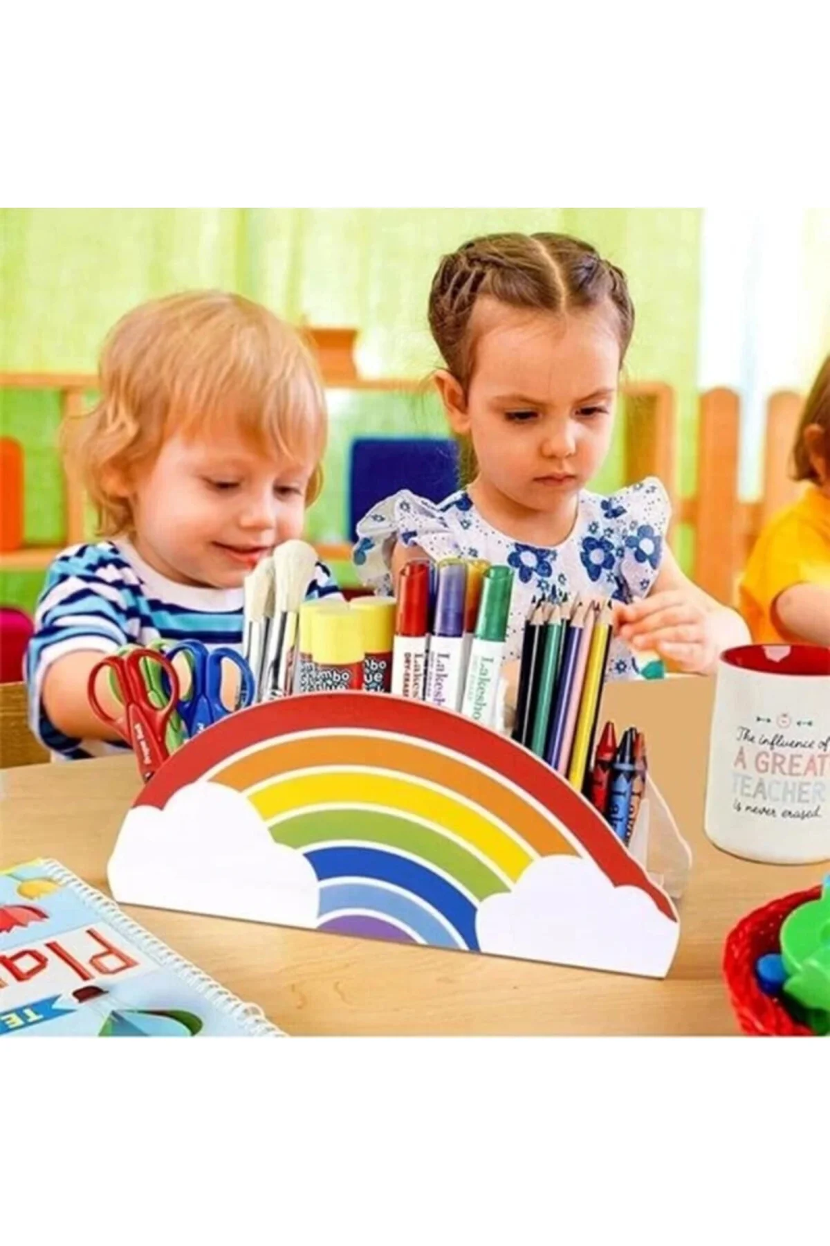 Ahşap Gökkuşağı Çocuklar İçin Masaüstü Kalemlik Kalem Kutusu Organizer Gökkuşağı