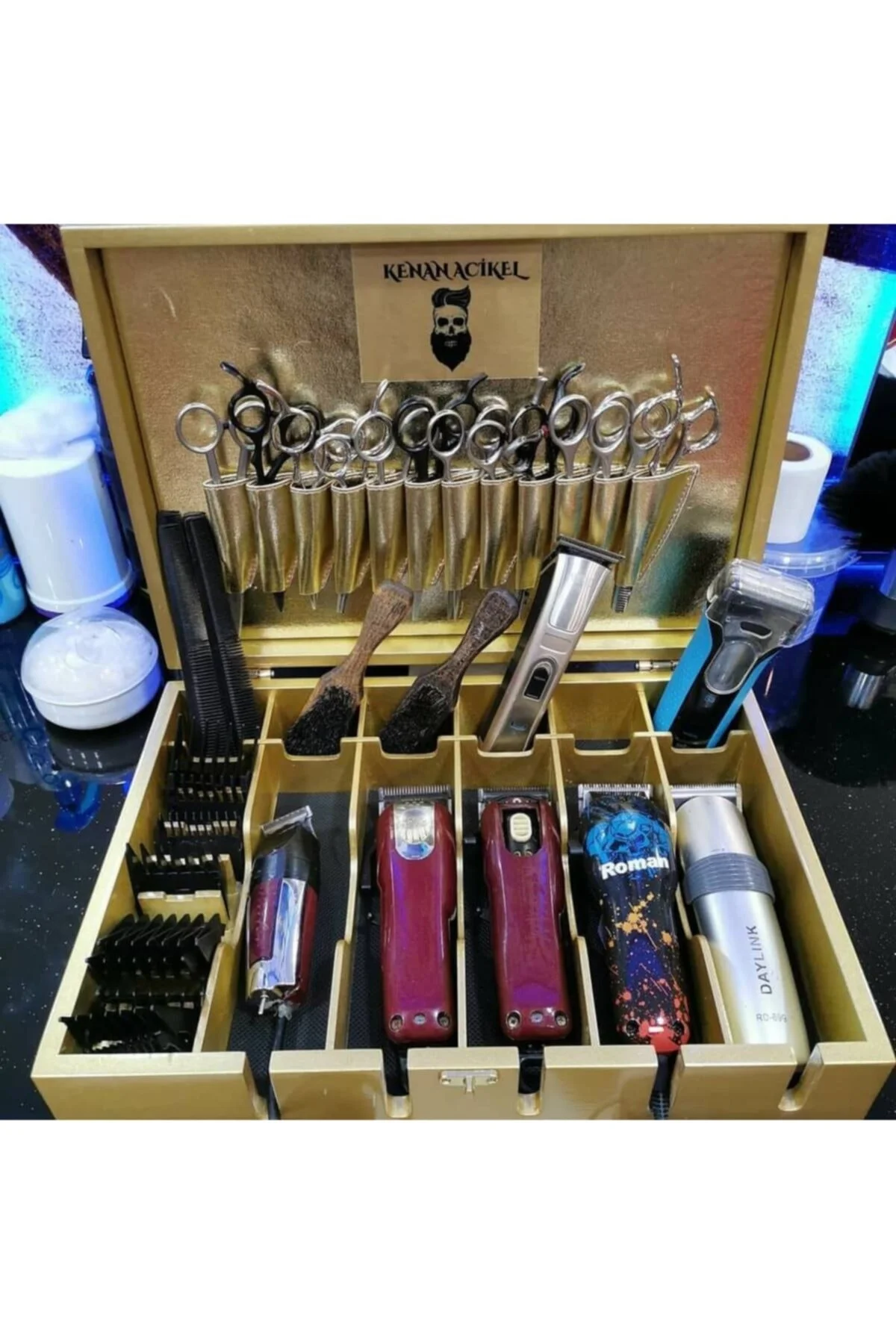 Ahşap Gold Renk Makas Tarak Ve Makina Çantası - Görsel 2