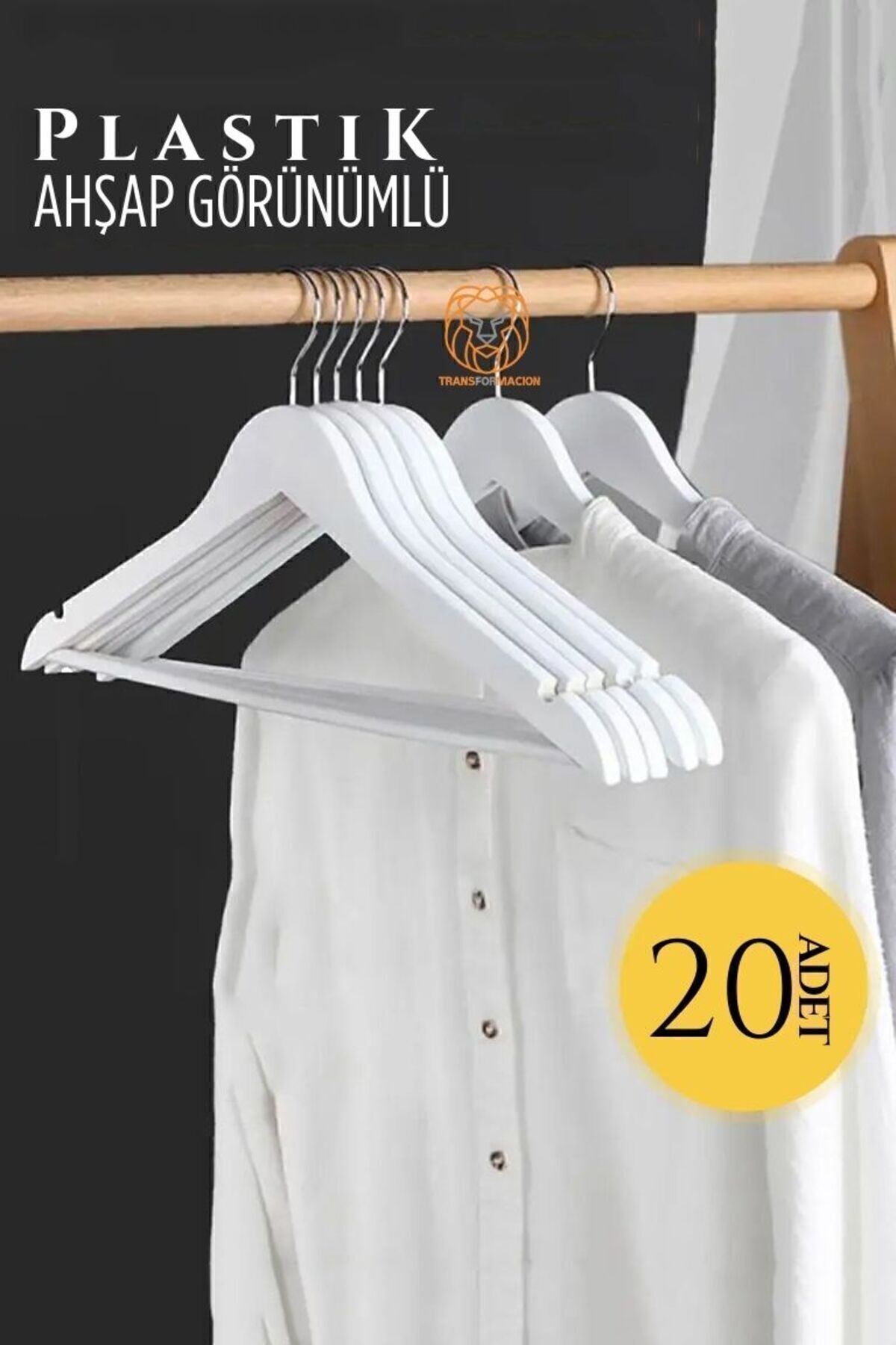 Transformacion Ahşap Görünüm Plastik Askı 20 Adet Beyaz  720519