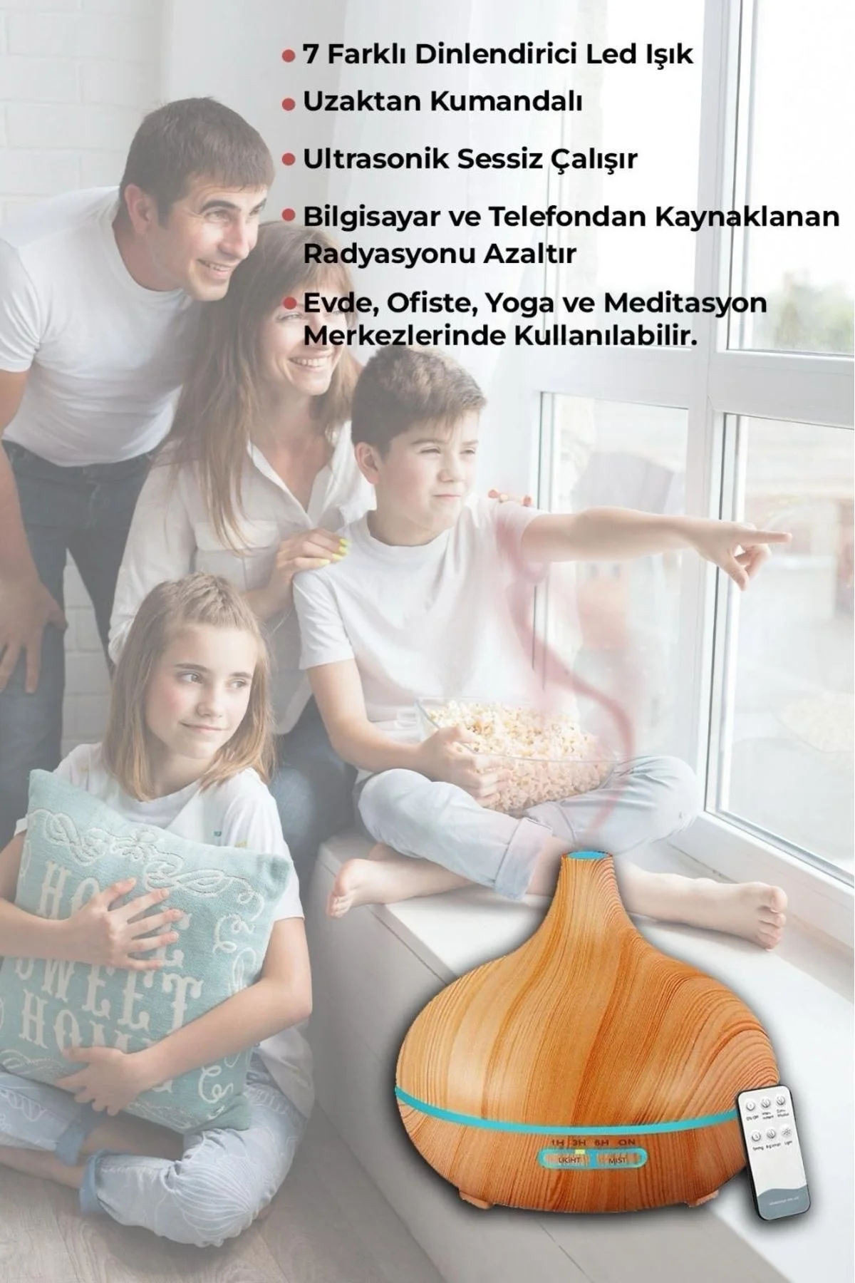 Ahşap görünümlü kahverengi 7 LED RGB ışıklı oda kokusu hava nemlendirici, 220-240V, 60Hz, 2 yıl