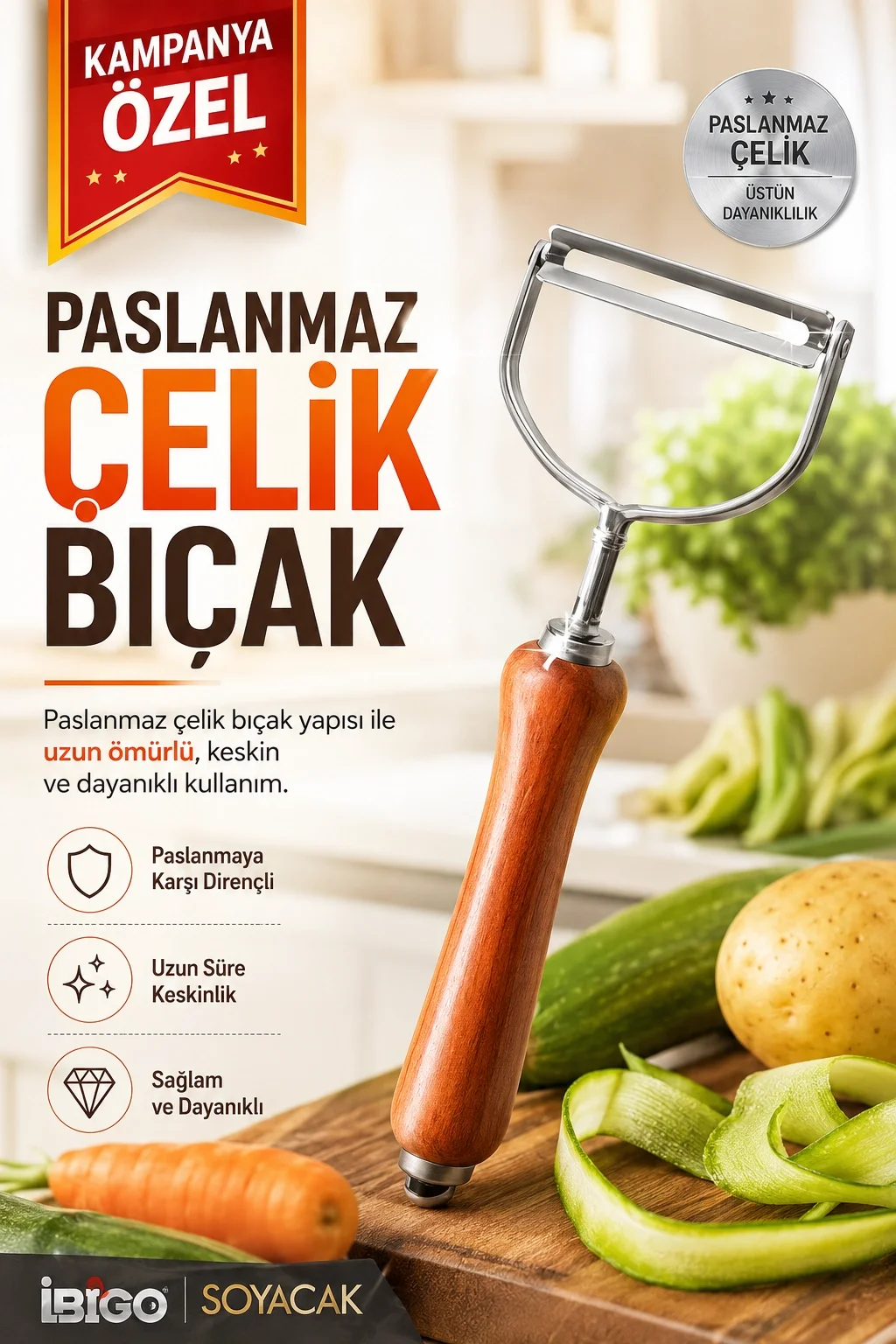 Ahşap Görünümlü Saplı Metal Sebze Meyve Soyacağı Dayanıklı Mutfak Yardımcısı