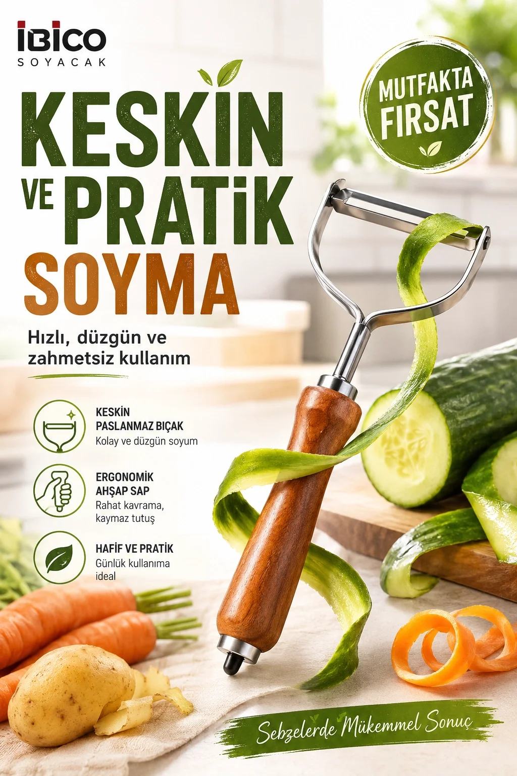 Ahşap Görünümlü Saplı Metal Sebze Meyve Soyacağı Dayanıklı Mutfak Yardımcısı