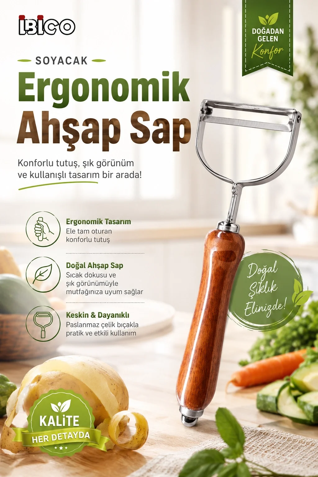 Ahşap Görünümlü Saplı Metal Sebze Meyve Soyacağı Dayanıklı Mutfak Yardımcısı