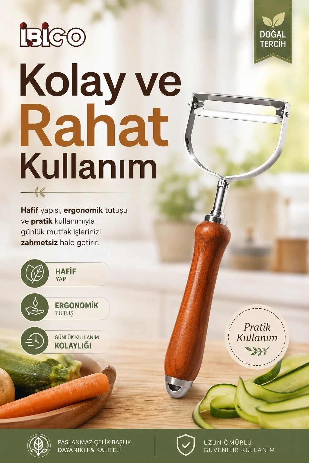 Ahşap Görünümlü Saplı Metal Sebze Meyve Soyacağı Dayanıklı Mutfak Yardımcısı