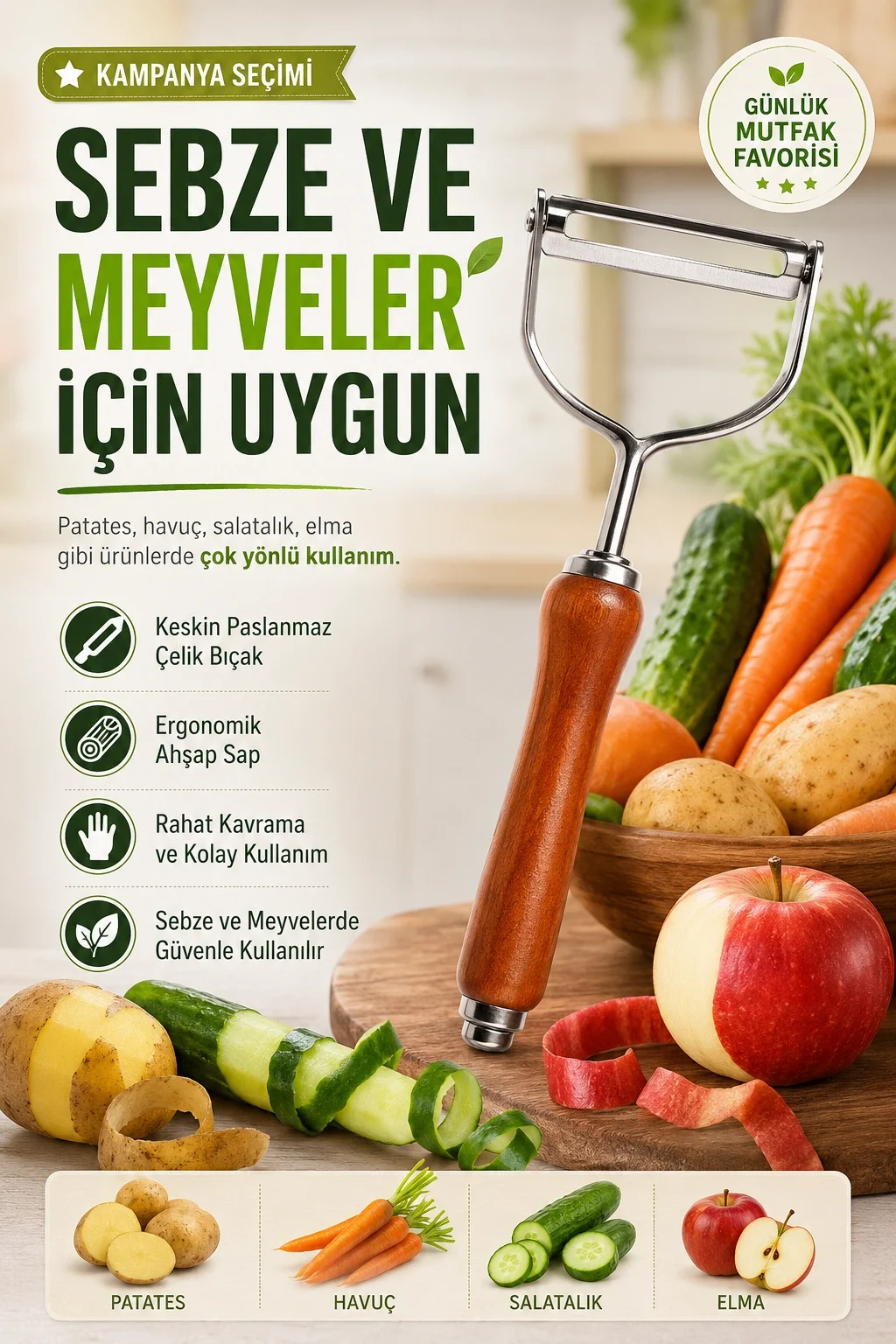 Ahşap Görünümlü Saplı Metal Sebze Meyve Soyacağı Dayanıklı Mutfak Yardımcısı