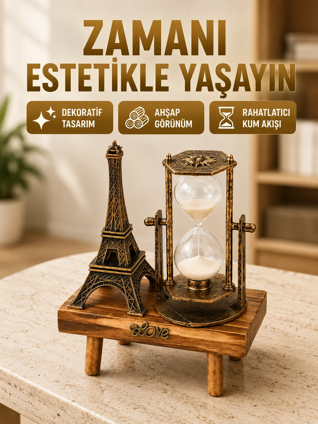 Ahşap Gövdeli Dekoratif Kum Saati – Masa Üstü El Sanatı Aksesuarı