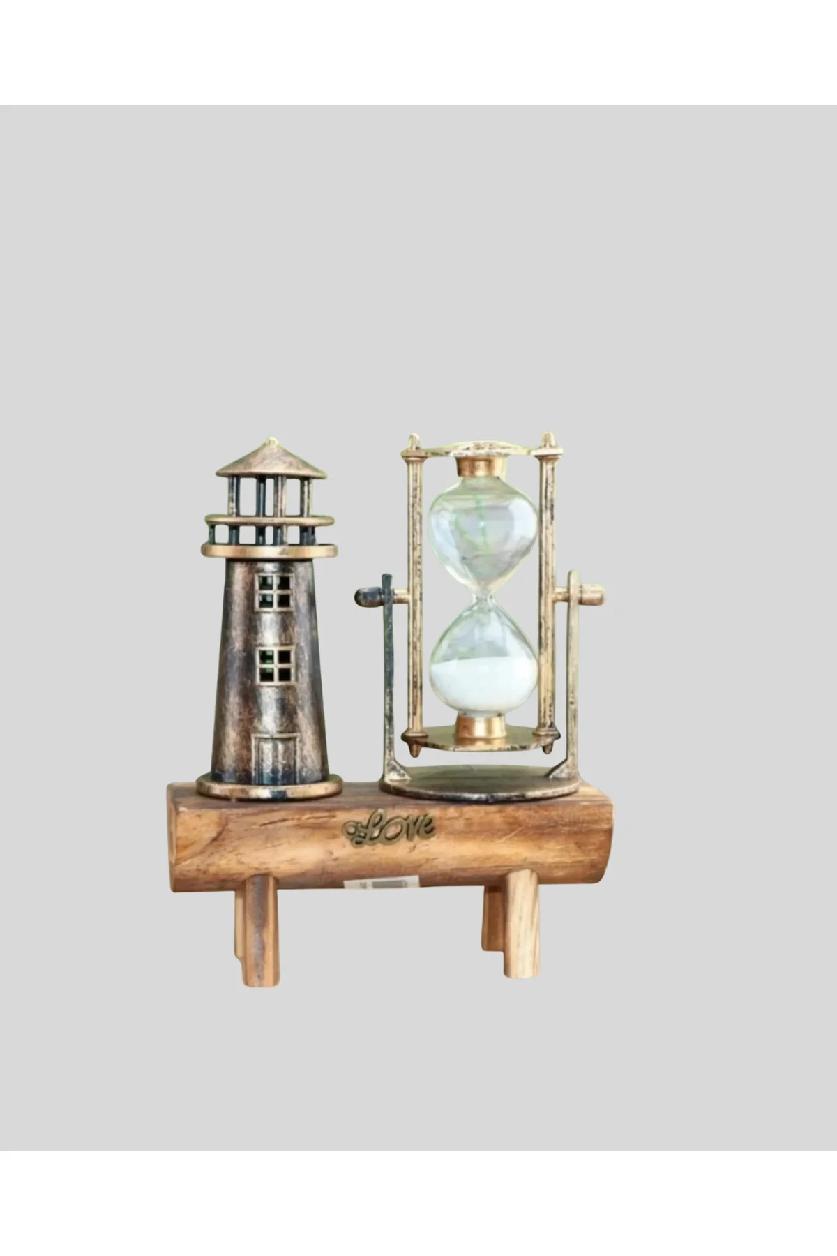 Ahşap Gövdeli Deniz Feneri Formlu Kum Saati – 15x20 cm Masa Dekor