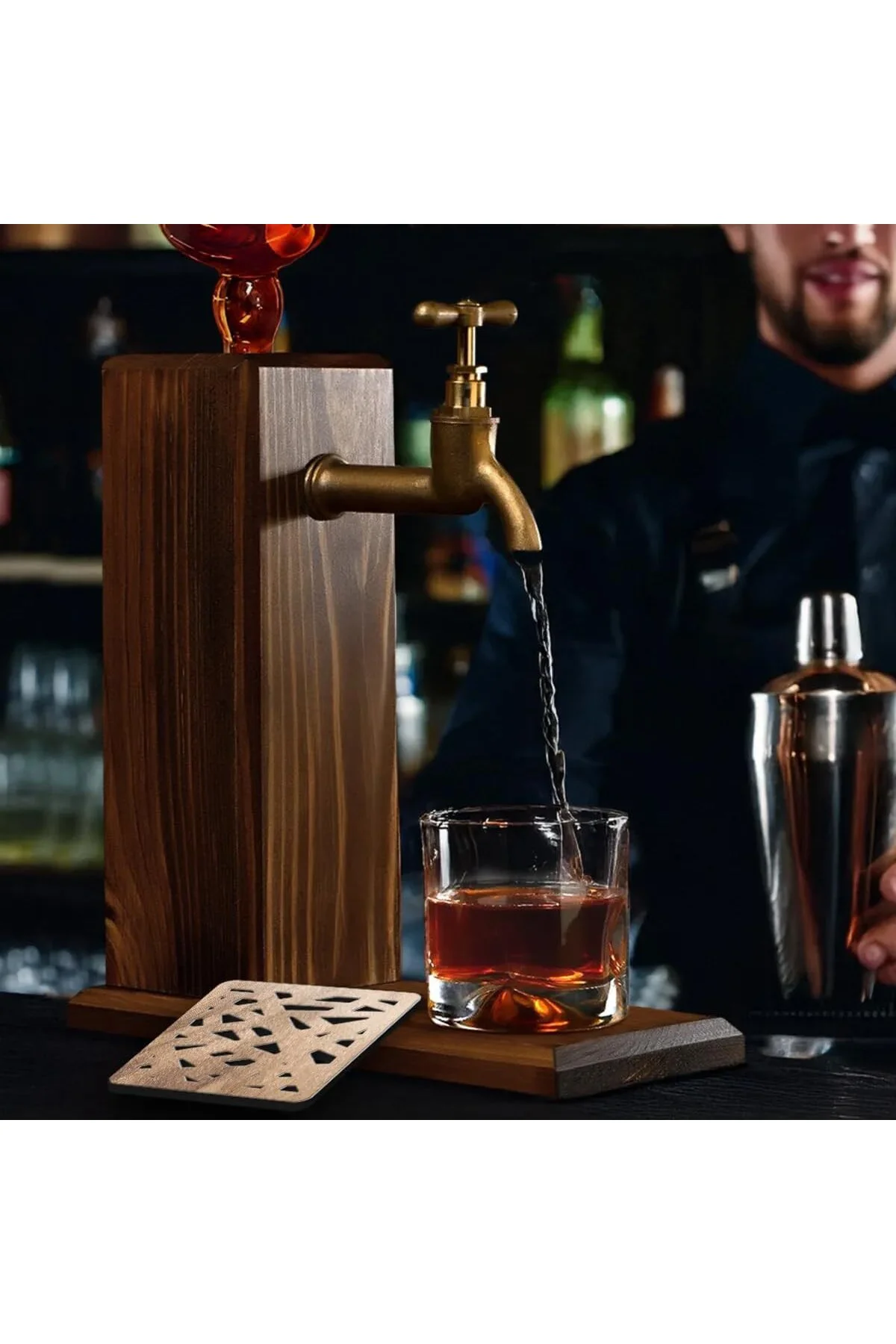 Ahşap Gövdeli Retro Musluklu İçecek Dağıtıcı | Bar Aksesuarı | Erkeklere Hediye |