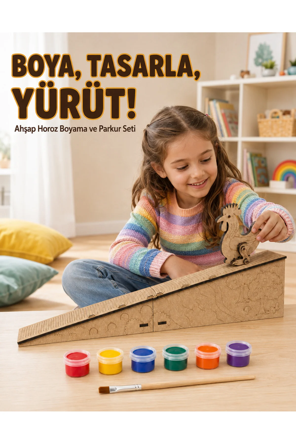 Ahşap Hareketli Horoz Boyama ve Parkur Seti – 6 Renk Boya, Fırça ve Kolay Kurulum Platform Dahil