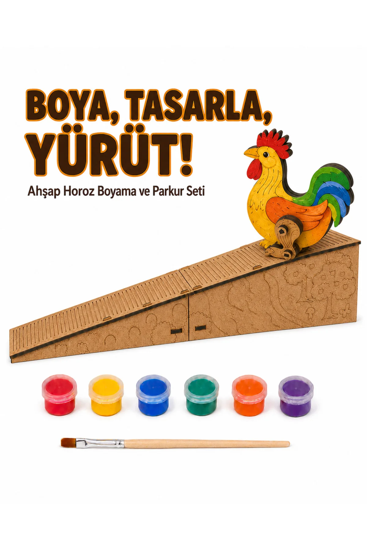 Ahşap Hareketli Horoz Boyama ve Parkur Seti – 6 Renk Boya, Fırça ve Kolay Kurulum Platform Dahil