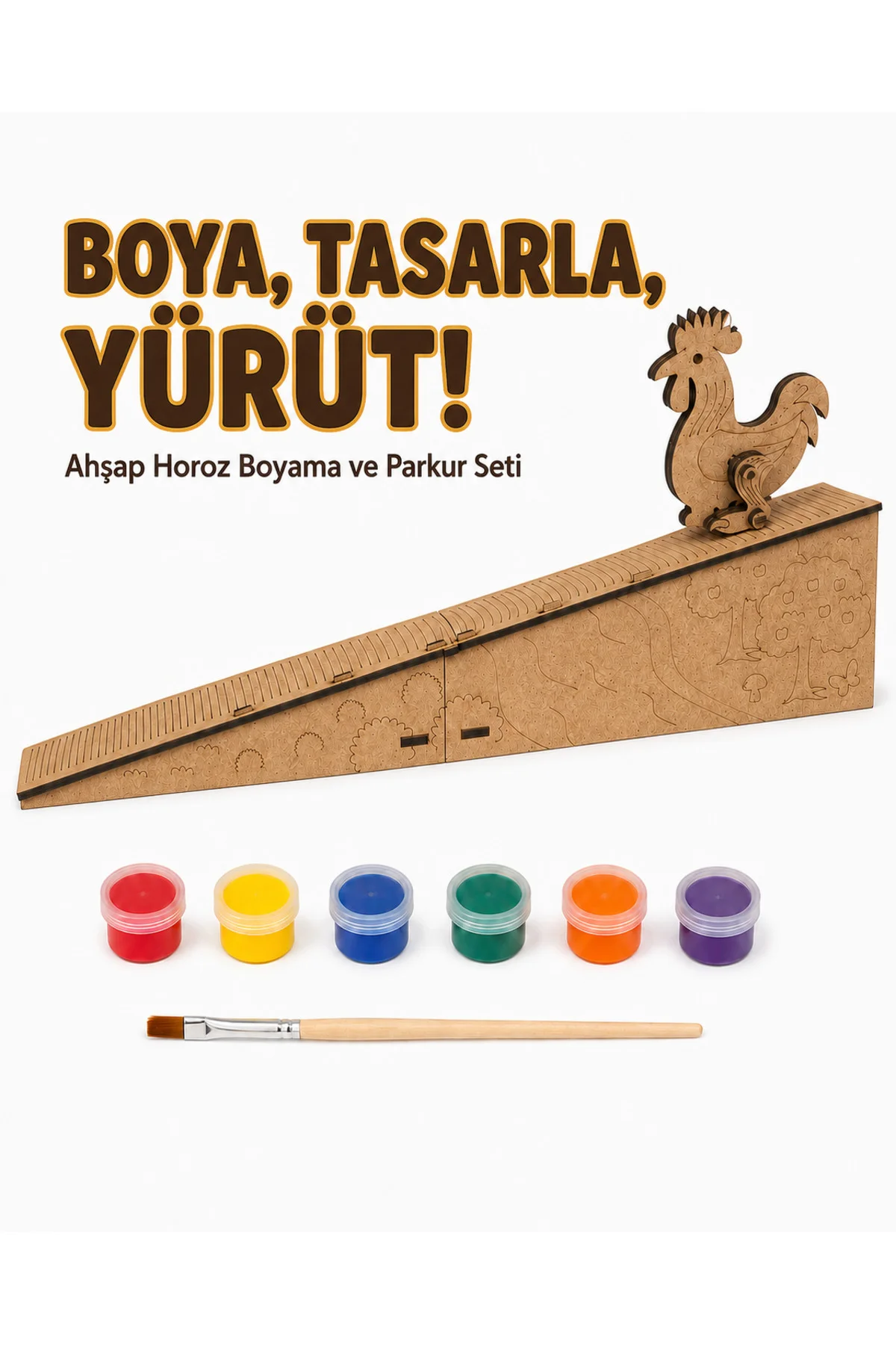 Ahşap Hareketli Horoz Boyama ve Parkur Seti – 6 Renk Boya, Fırça ve Kolay Kurulum Platform Dahil
