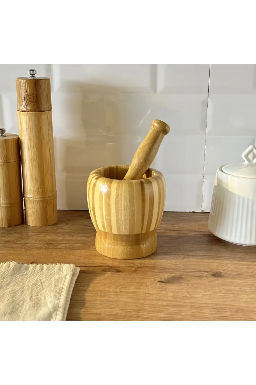 Ahşap Havan Bambu Sarımsak Ezeceği Havan Orta Boy