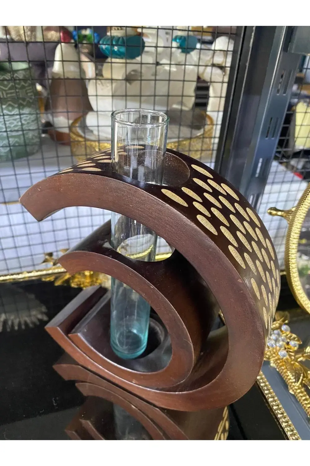 Ahşap Hilal Üzeri Dekoratif Cam Tüplü Vazo 23x19cm